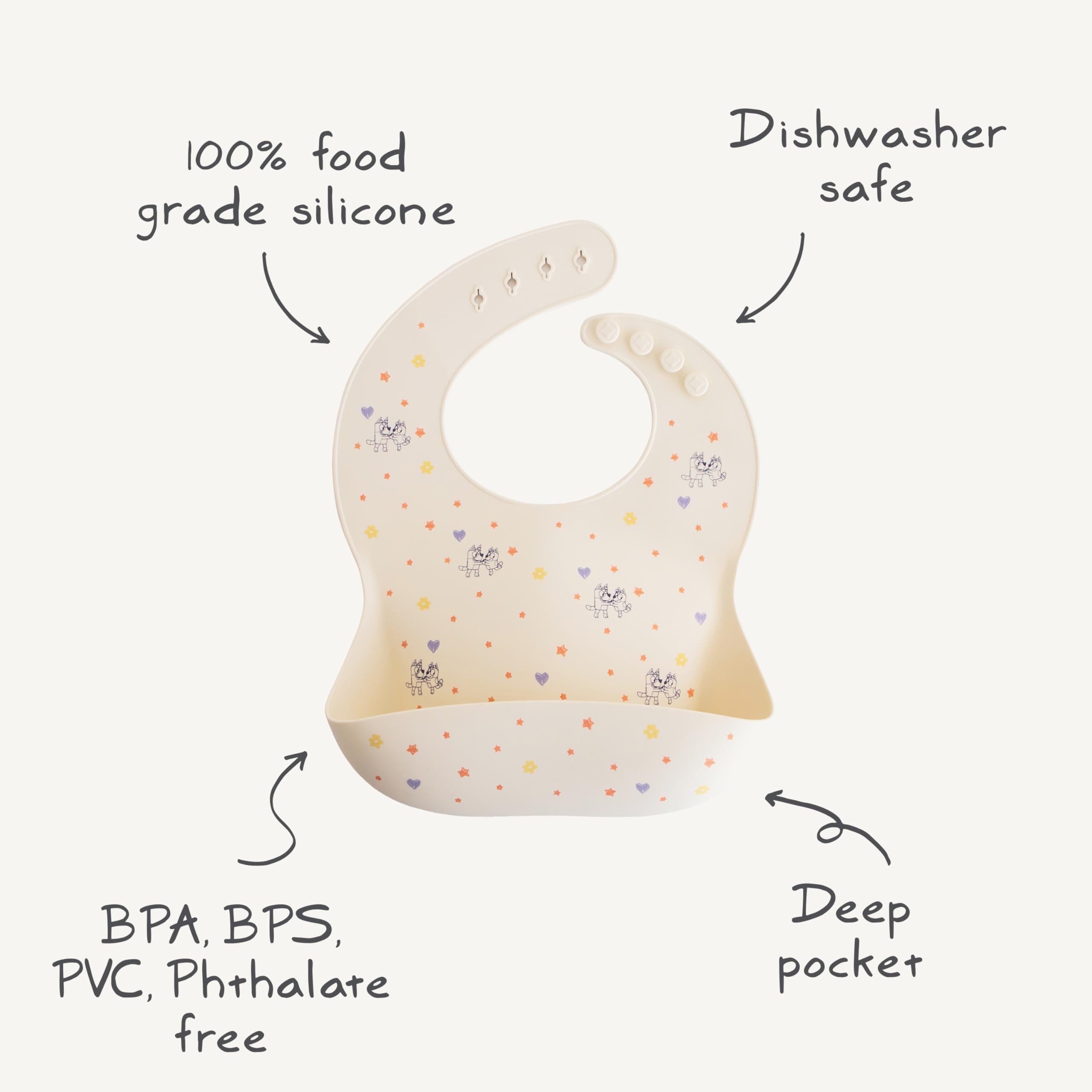 Mushie Bluey bib deep front pocket closeup catches crumbs for cleaner mealtimes.