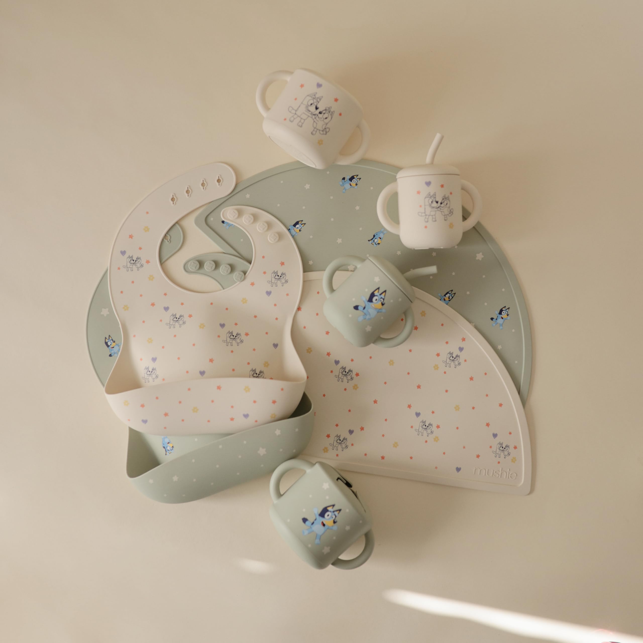 Mushie Bluey silicone bib easy to wipe clean and quick to air dry