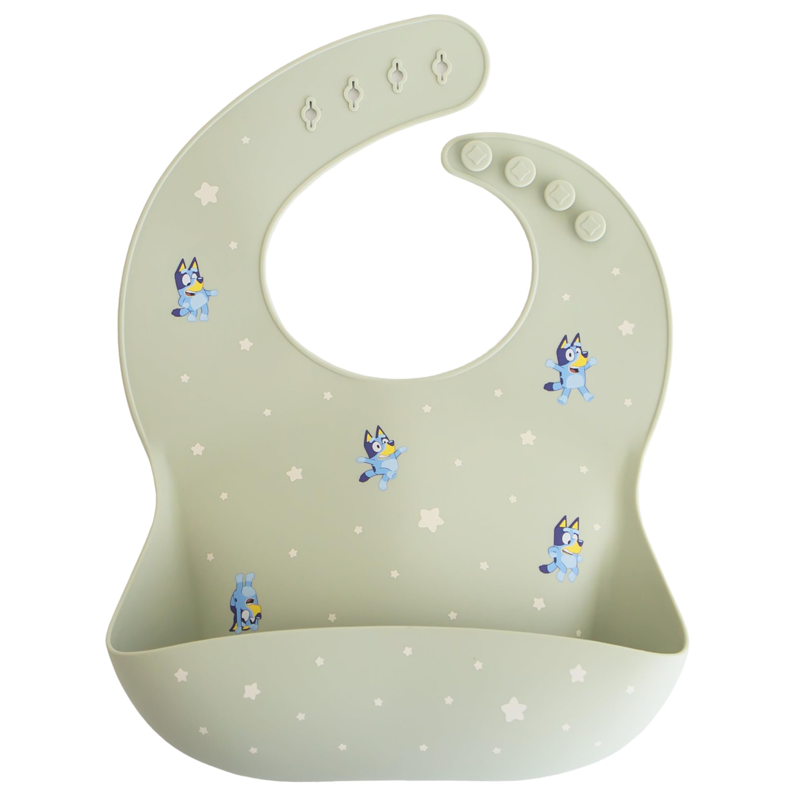 Mushie Bluey silicone bib front view with adjustable neck for a snug fit