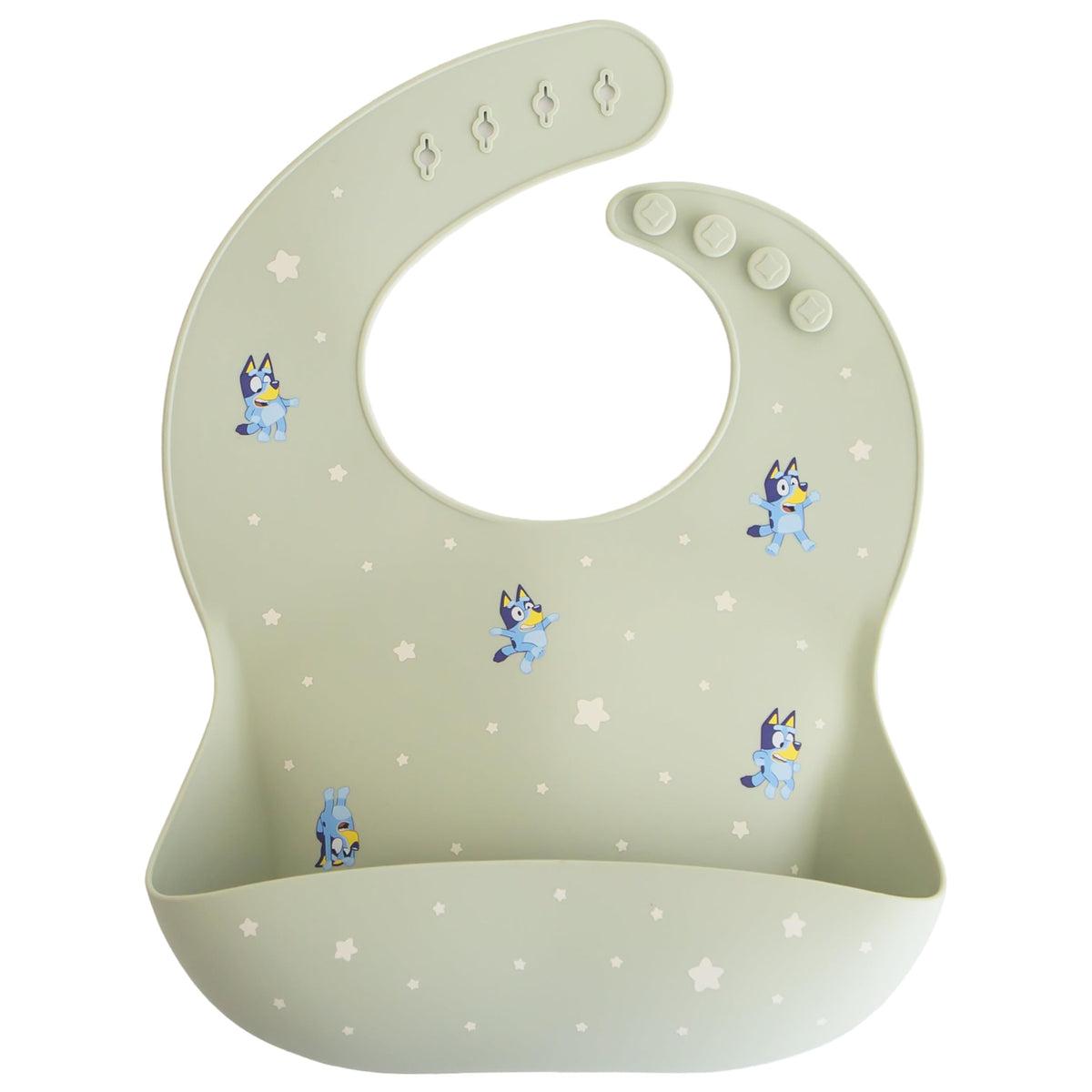 Mushie Bluey silicone bib front view with adjustable neck for a snug fit