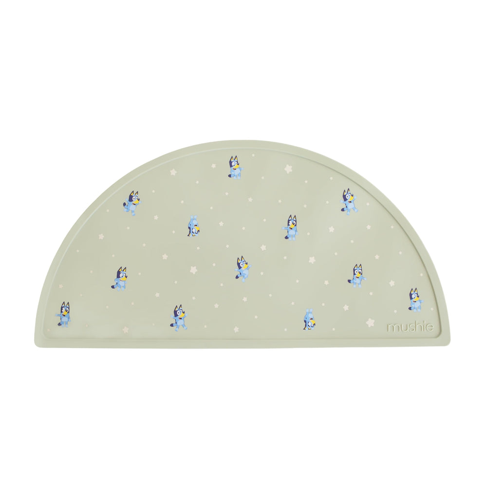 Mushie Bluey placemat closeup shows non-slip silicone for mess-free meals