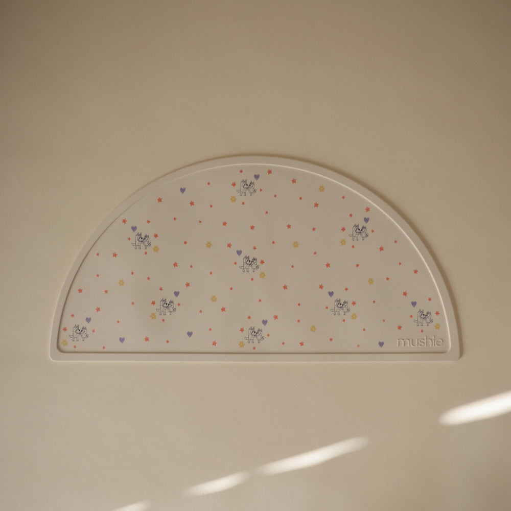 Mushie Bluey silicone placemat non-slip design holds meals steady for self-feeding