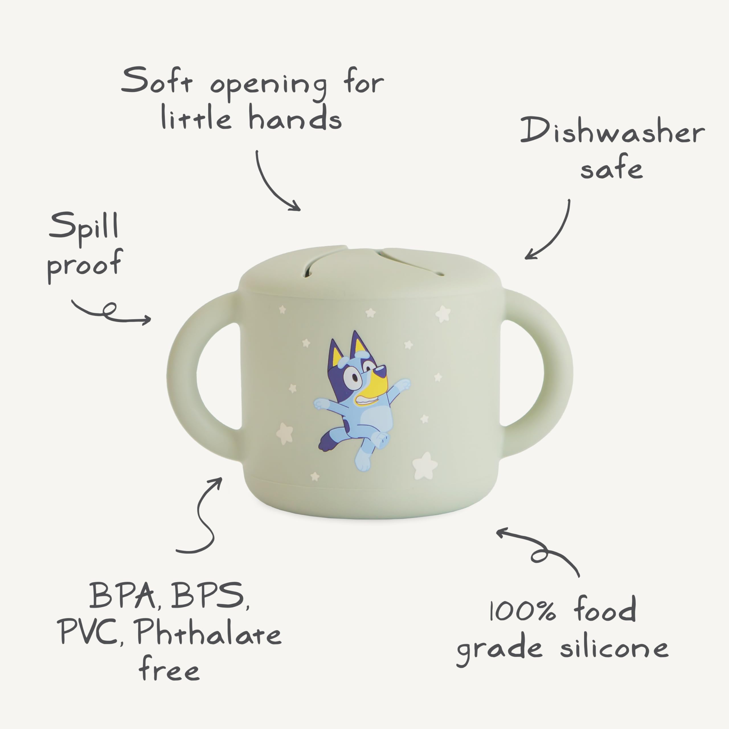 Mushie Bluey silicone snack cup for baby feeding and self-feeding practice.