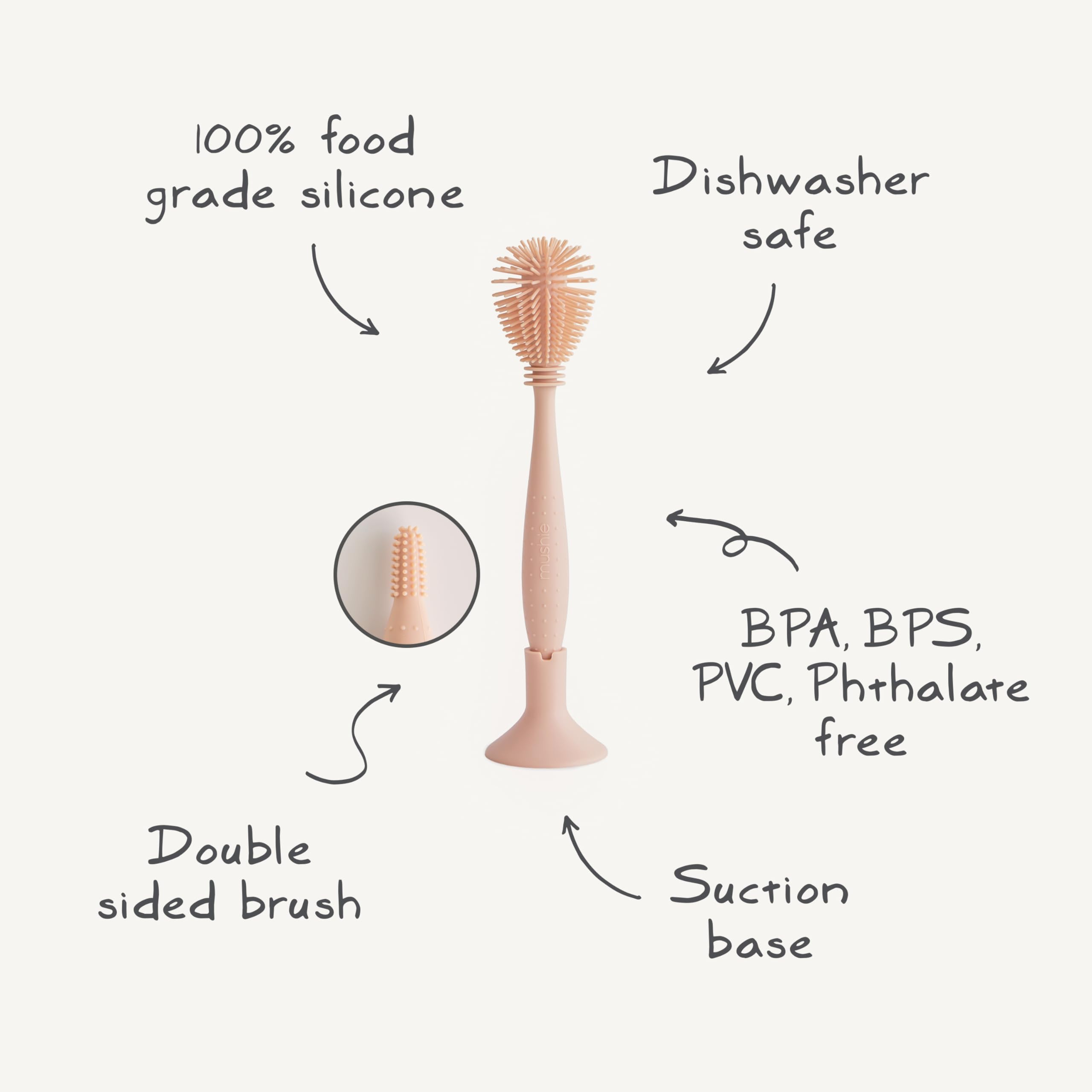 Mushie dual-head bottle brush cleans bottles interiors and nipples with precision.
