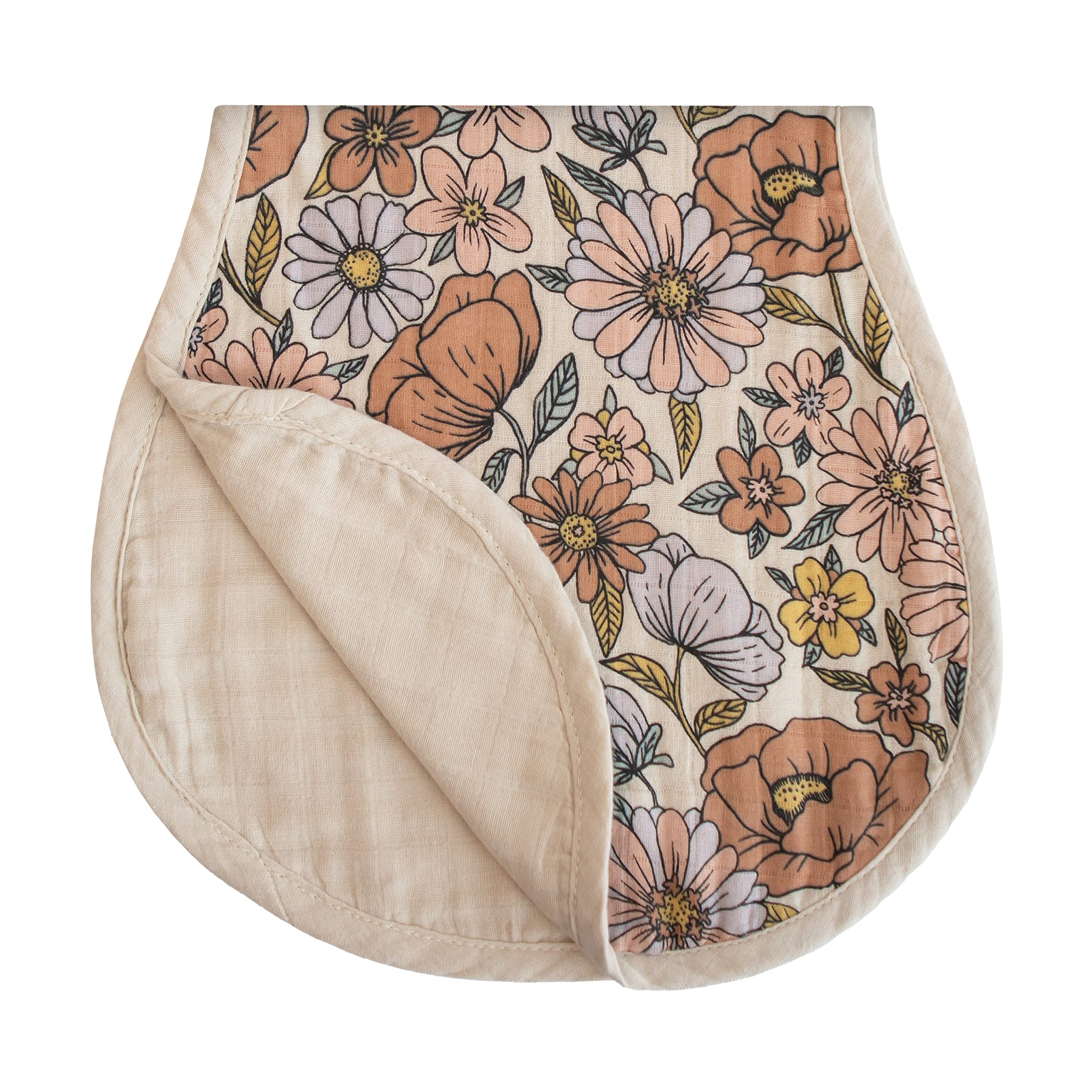 Mushie burp cloths retro-flowers folded; soft organic cotton for quick cleanups.