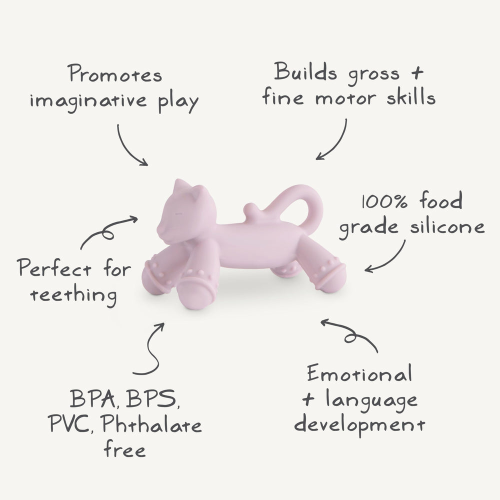 Mushie cat teether in stroller setting for convenient soothing