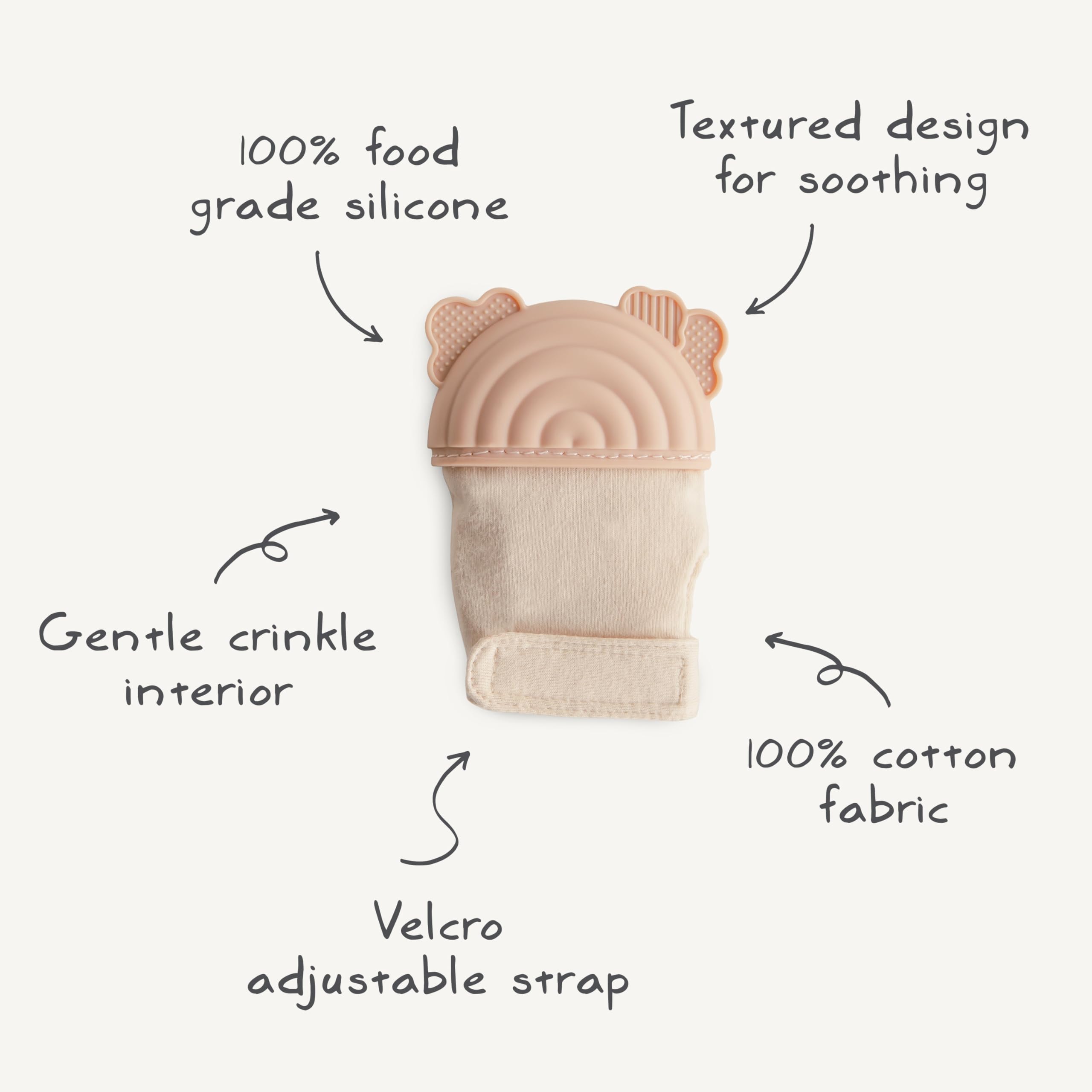 Mushie crinkle sound feature highlights gentle auditory cue for soothing.