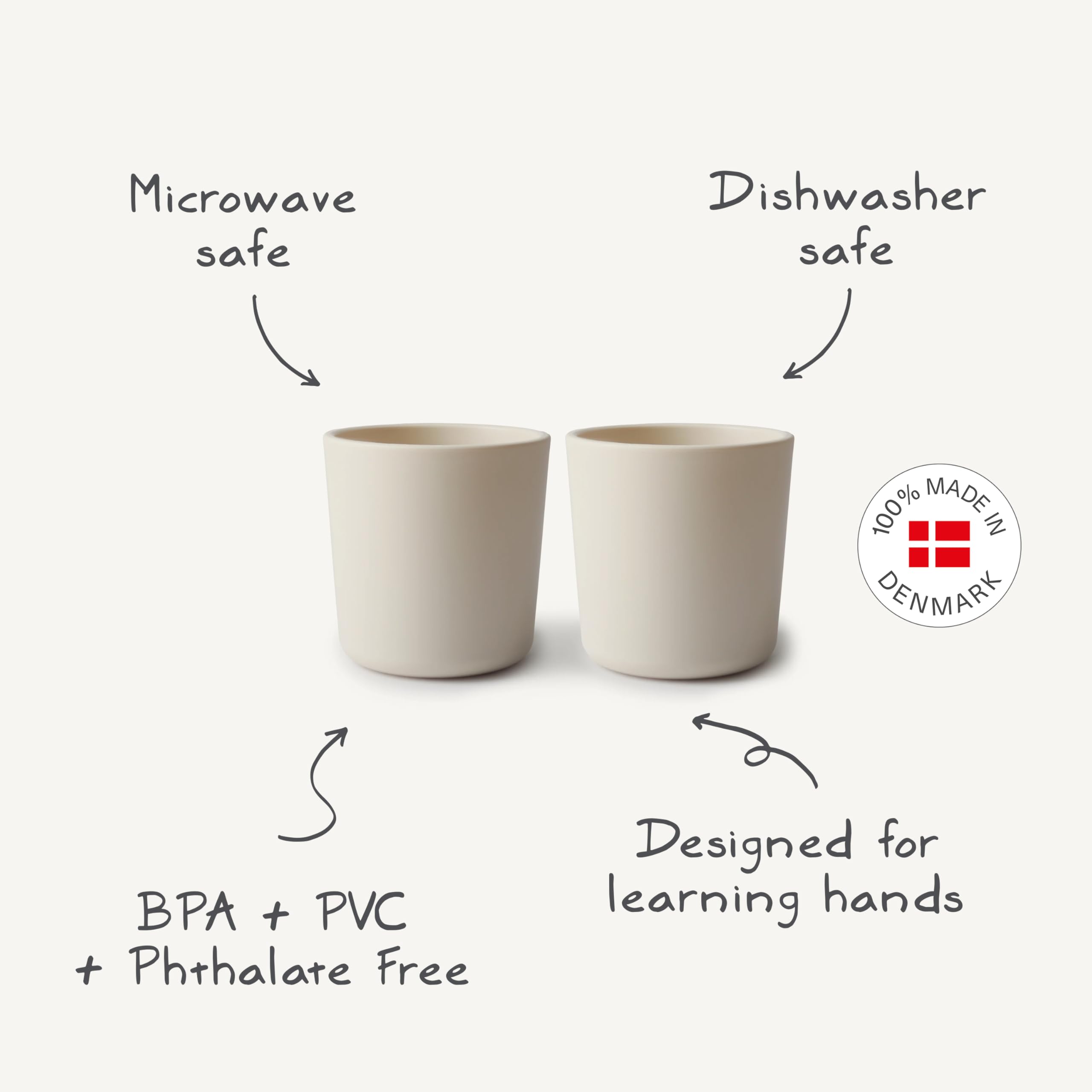 Mushie Sage cups in use at table support independent drinking.