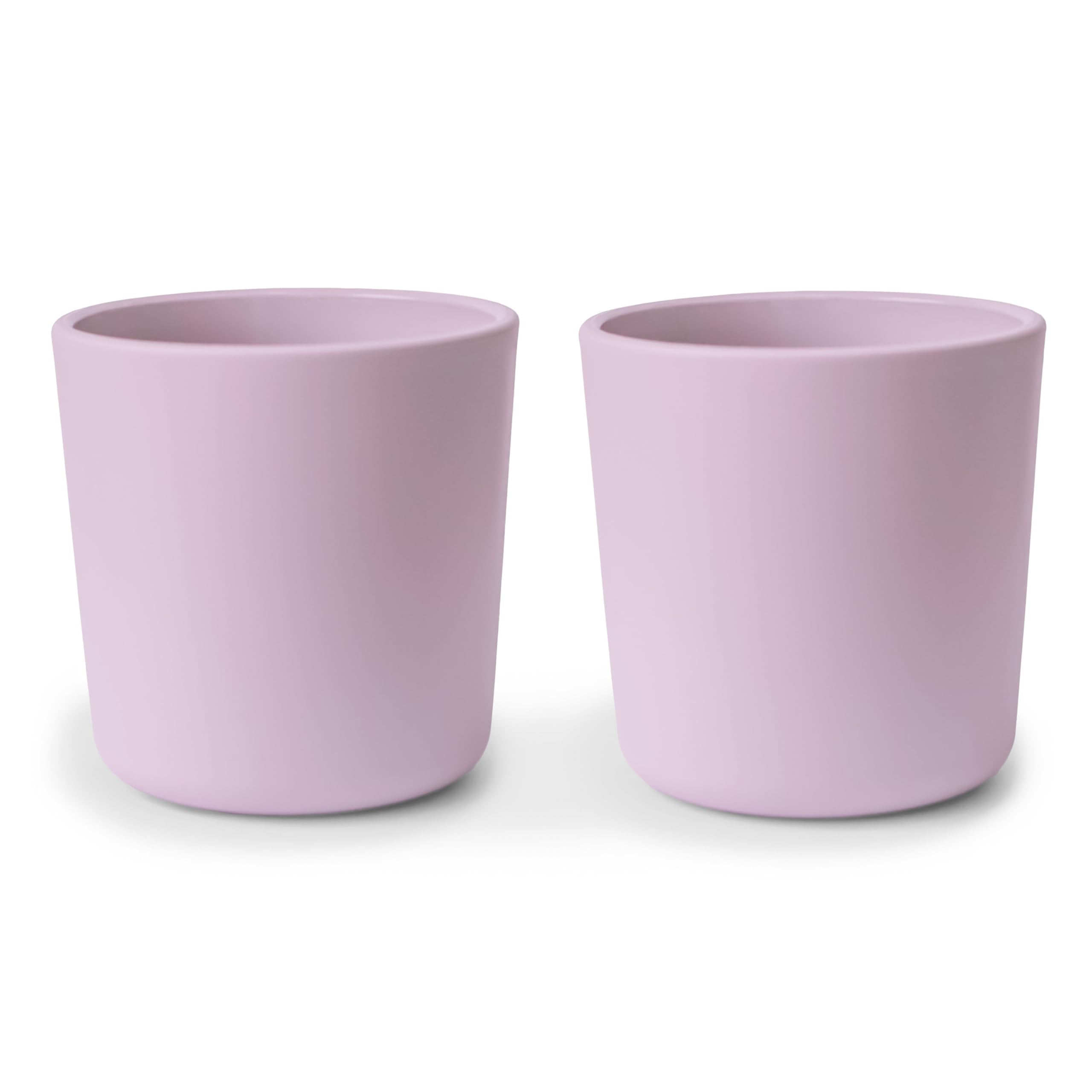 Mushie dinnerware cups front view in soft lilac, easy toddler grip