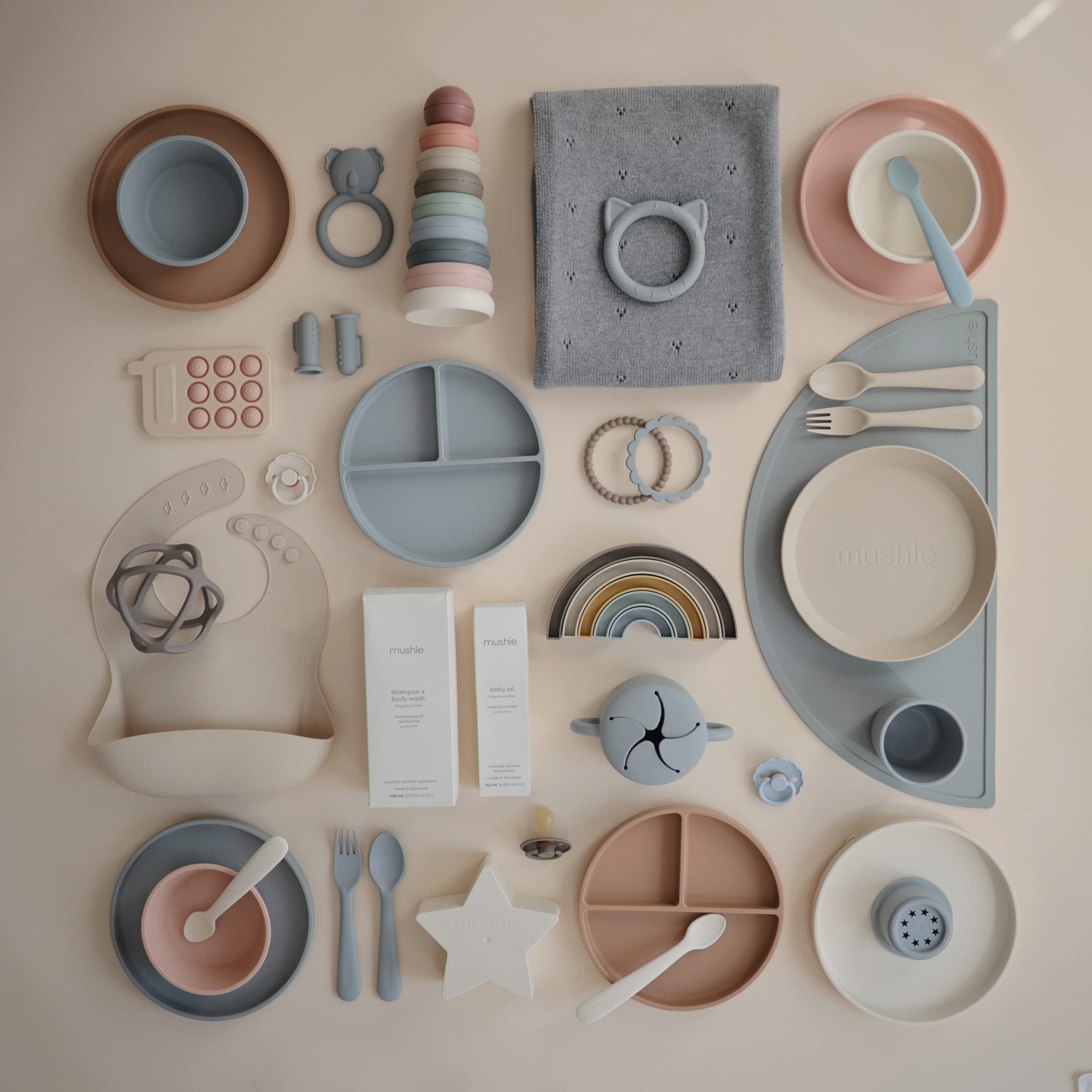Mushie dishwasher-safe silicone plate is convenient after meals.