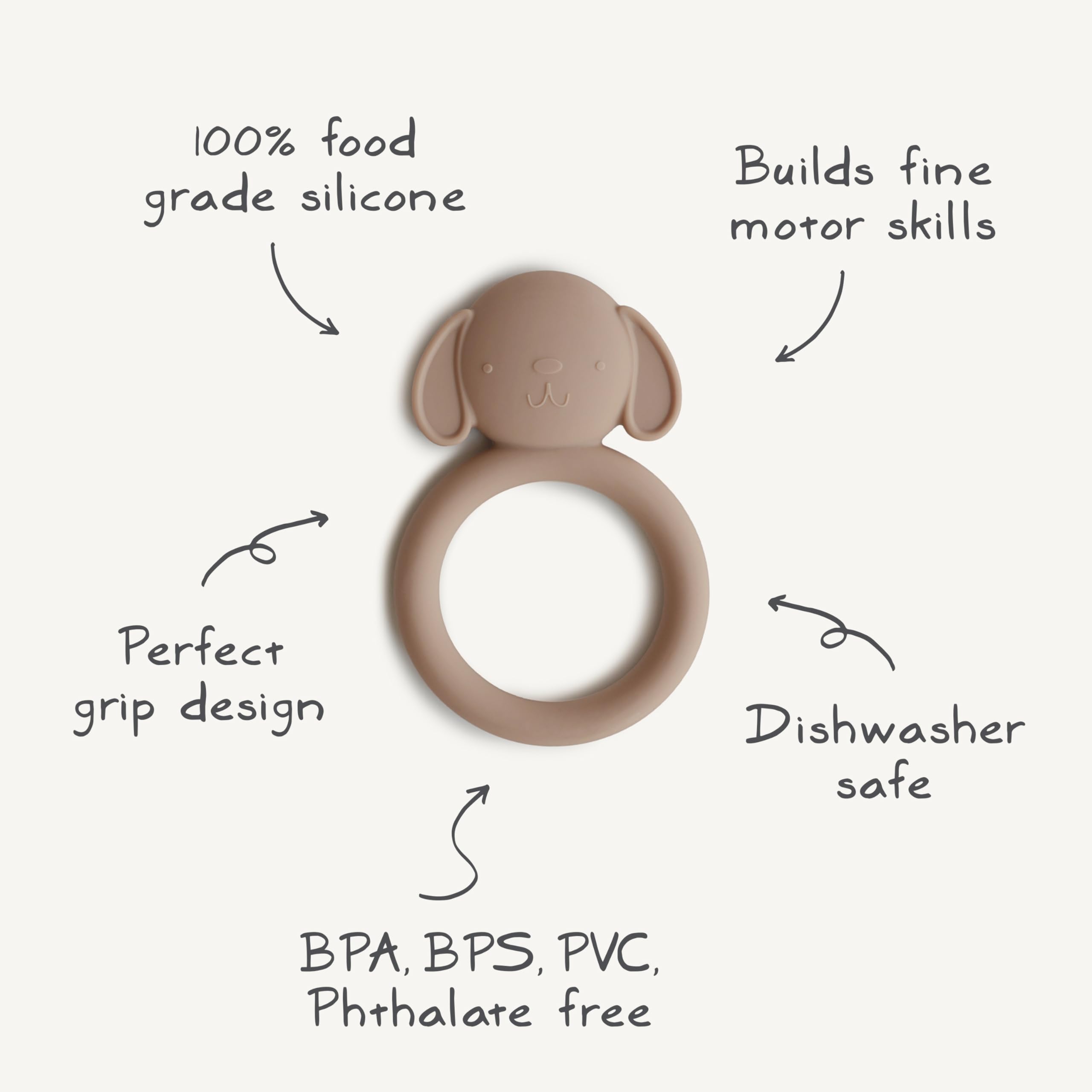 Mushie Dog Brown Teether closeup silicone texture emphasizes easy cleaning