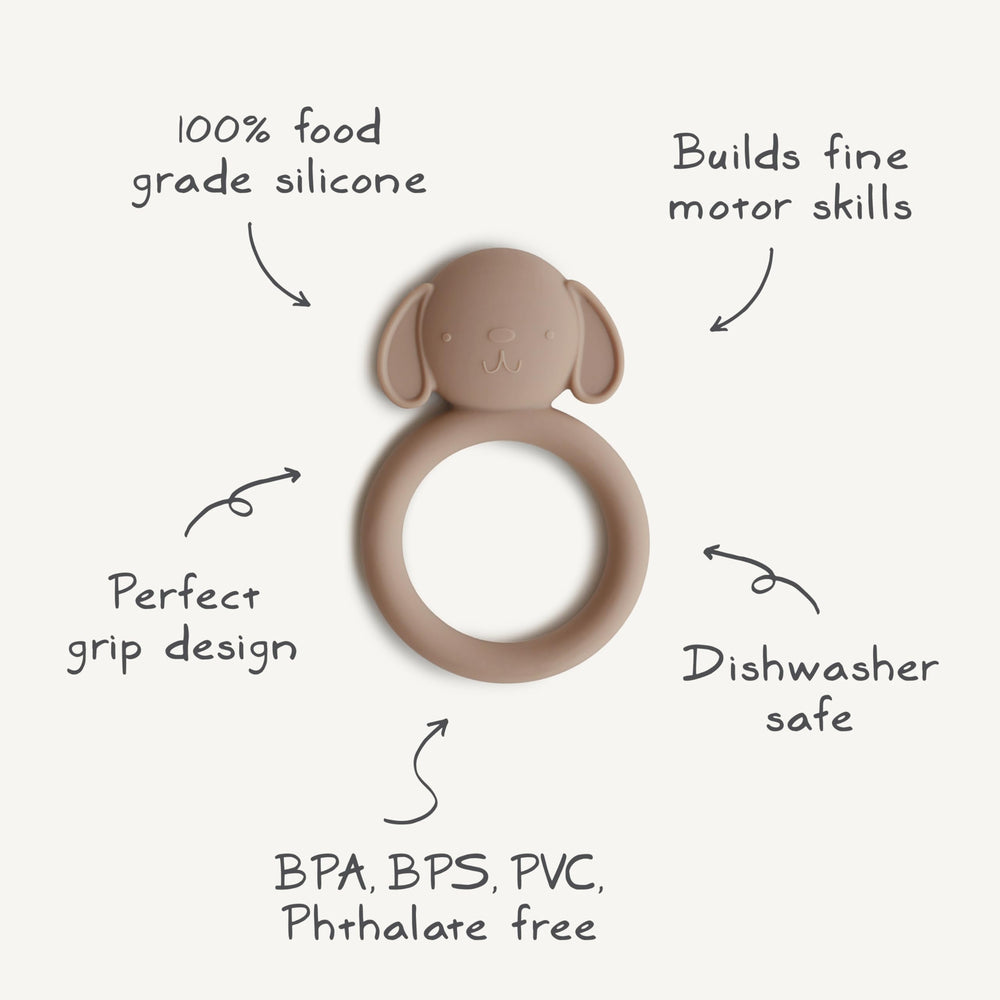 Mushie Dog Brown Teether closeup silicone texture emphasizes easy cleaning