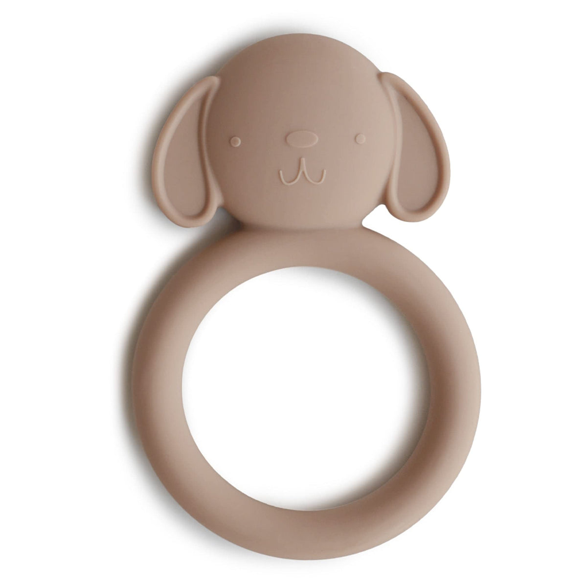 Mushie Dog Brown Teether front view helps soothe gums with soft, safe silicone