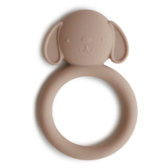 Mushie Dog Brown Teether front view helps soothe gums with soft, safe silicone