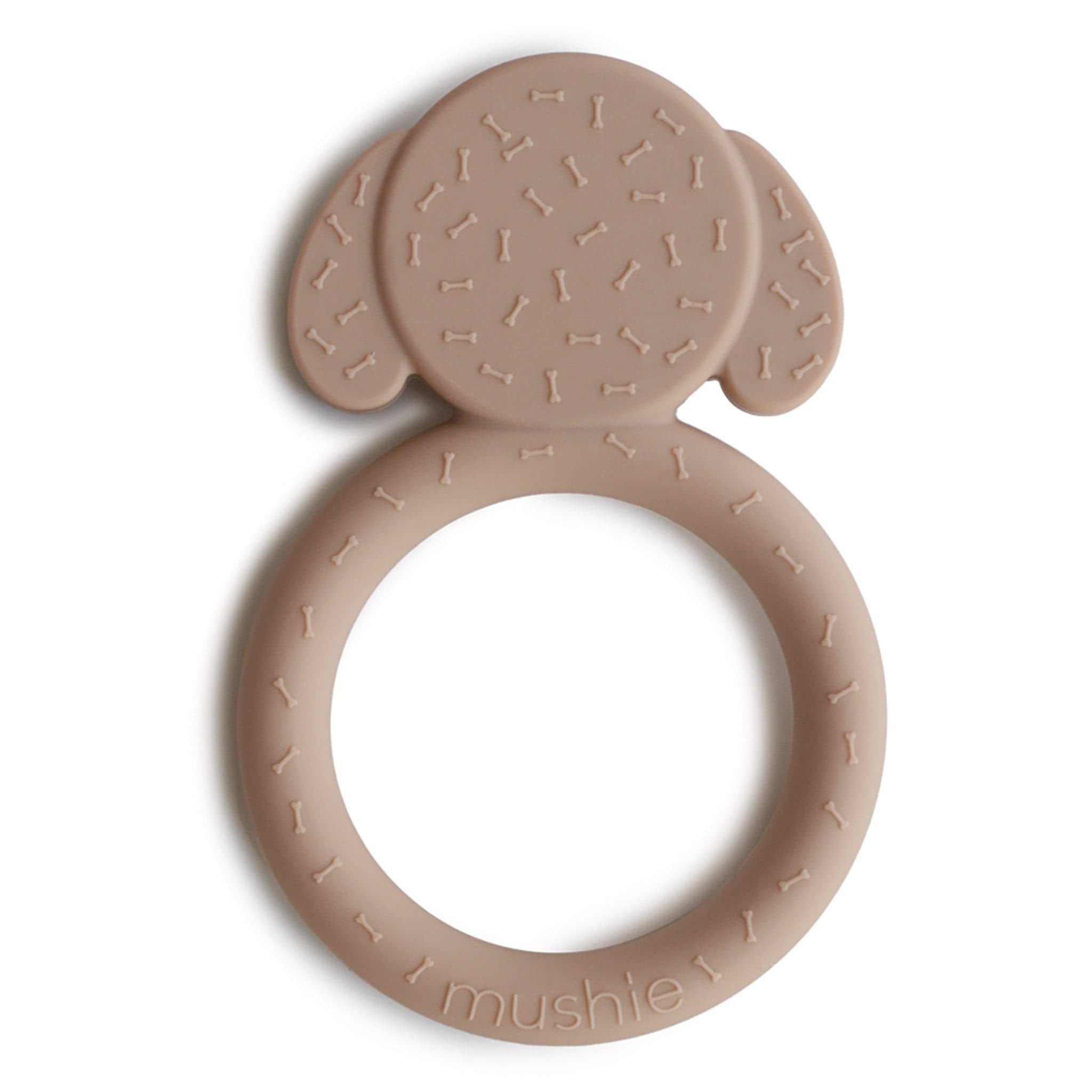 Mushie Dog Brown Teether side view supports tiny fingers for easy grasping