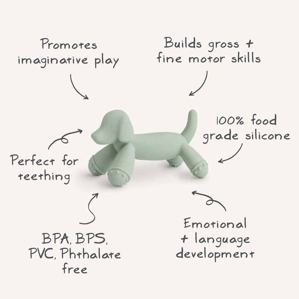 Mushie dog teether packaging display suggesting gift-ready option
