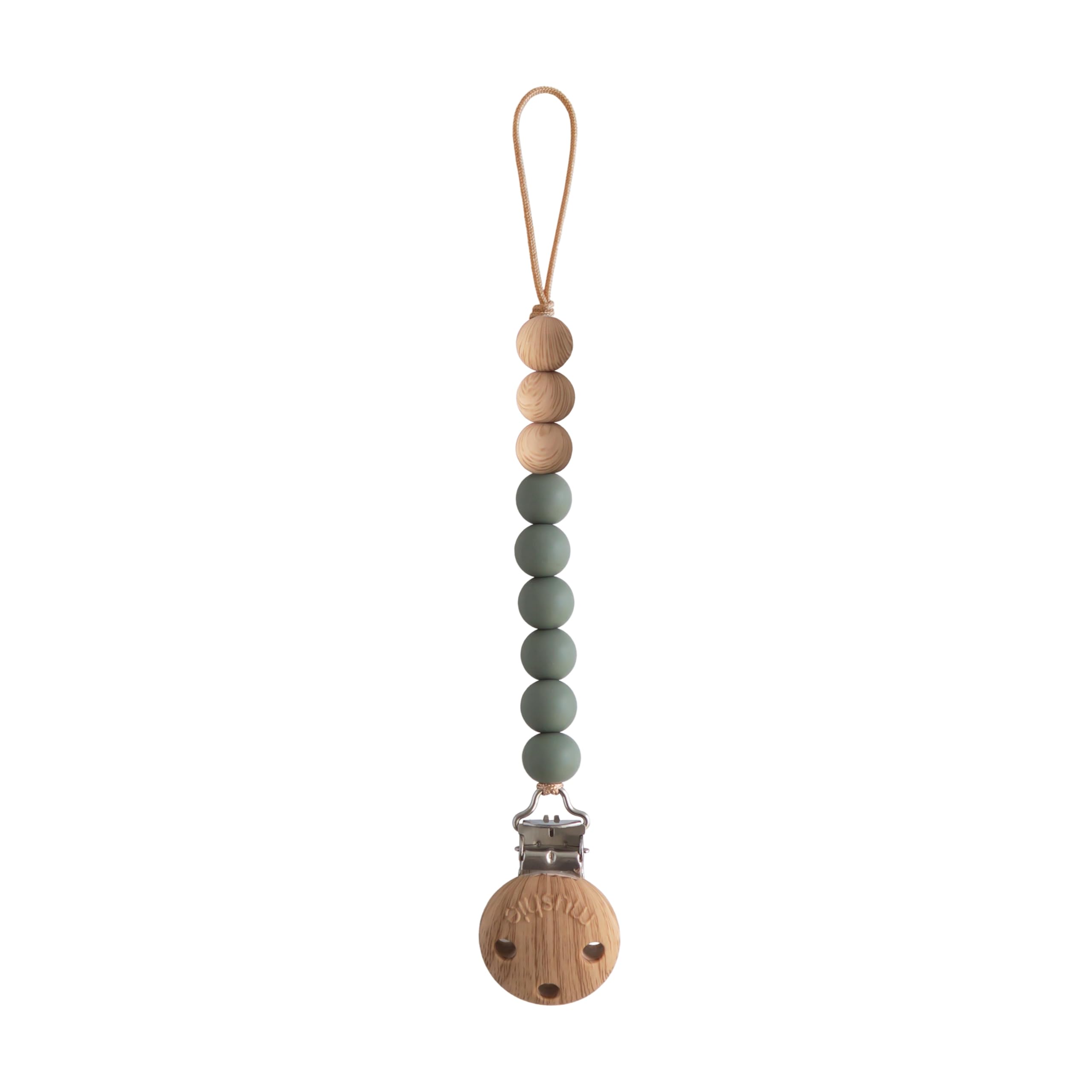 Mushie Eva pacifier clip dried thyme close-up for on-the-go access