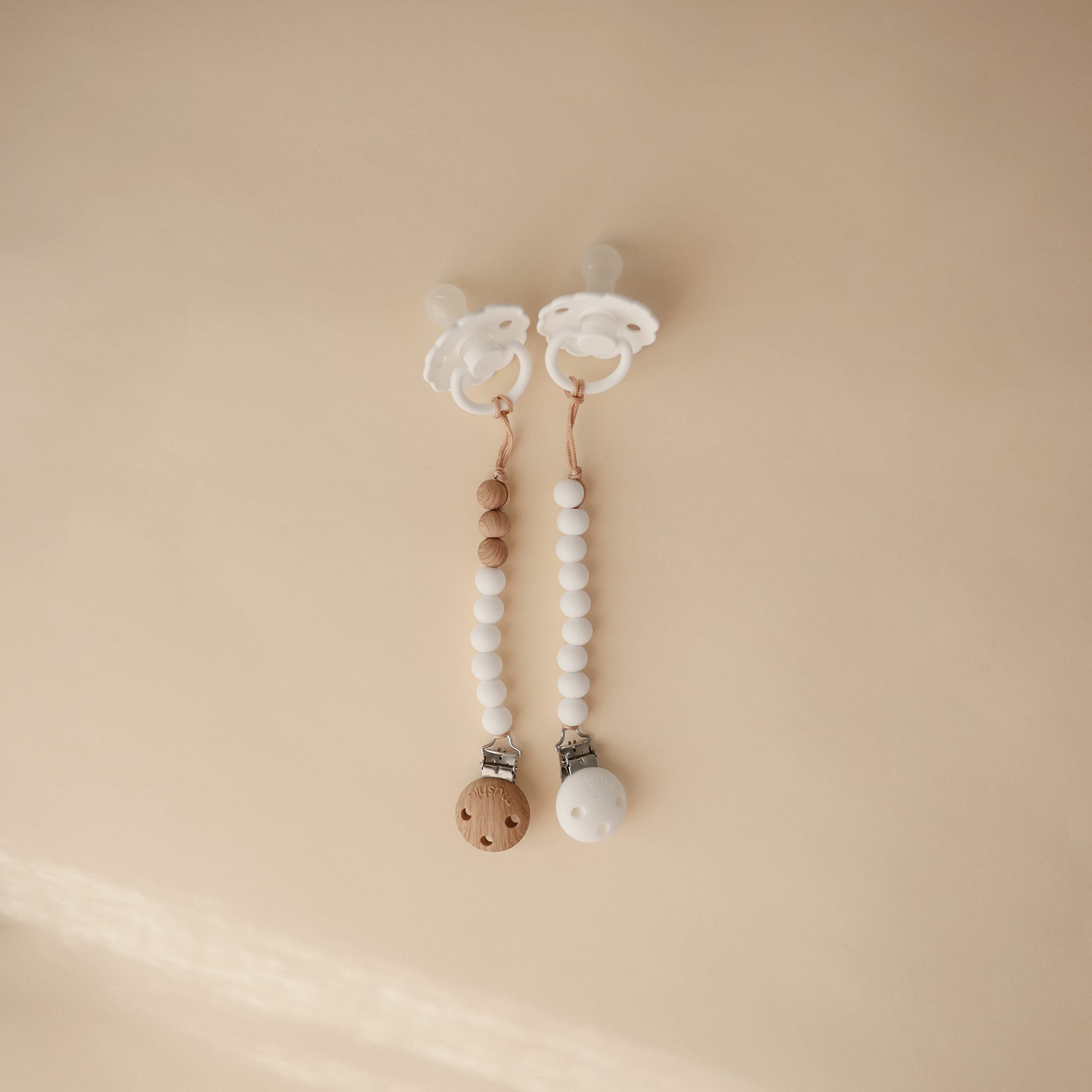 Mushie Eva silicone beads two colors provide stylish, easy-to-find pacifier accessories