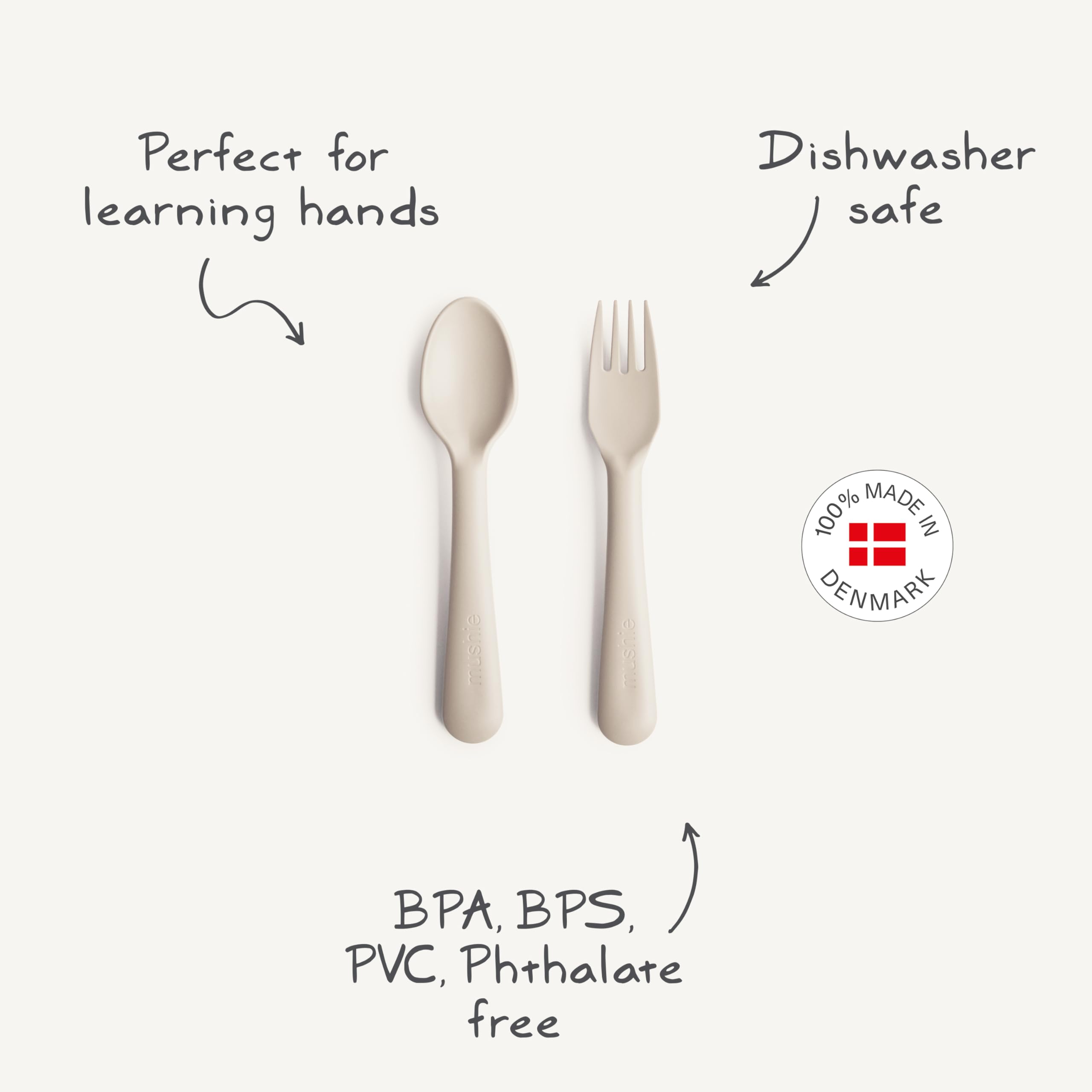 Mushie flatware Sage packaging presentation emphasizes safety and design.