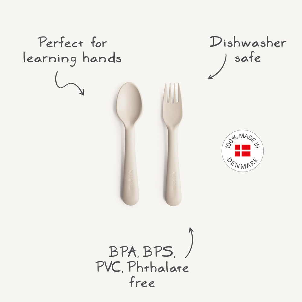 Mushie flatware Sage packaging presentation emphasizes safety and design.