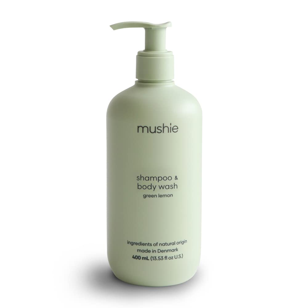 Mushie Baby Shampoo & Body Wash bottle shows gentle cleansing for delicate skin.