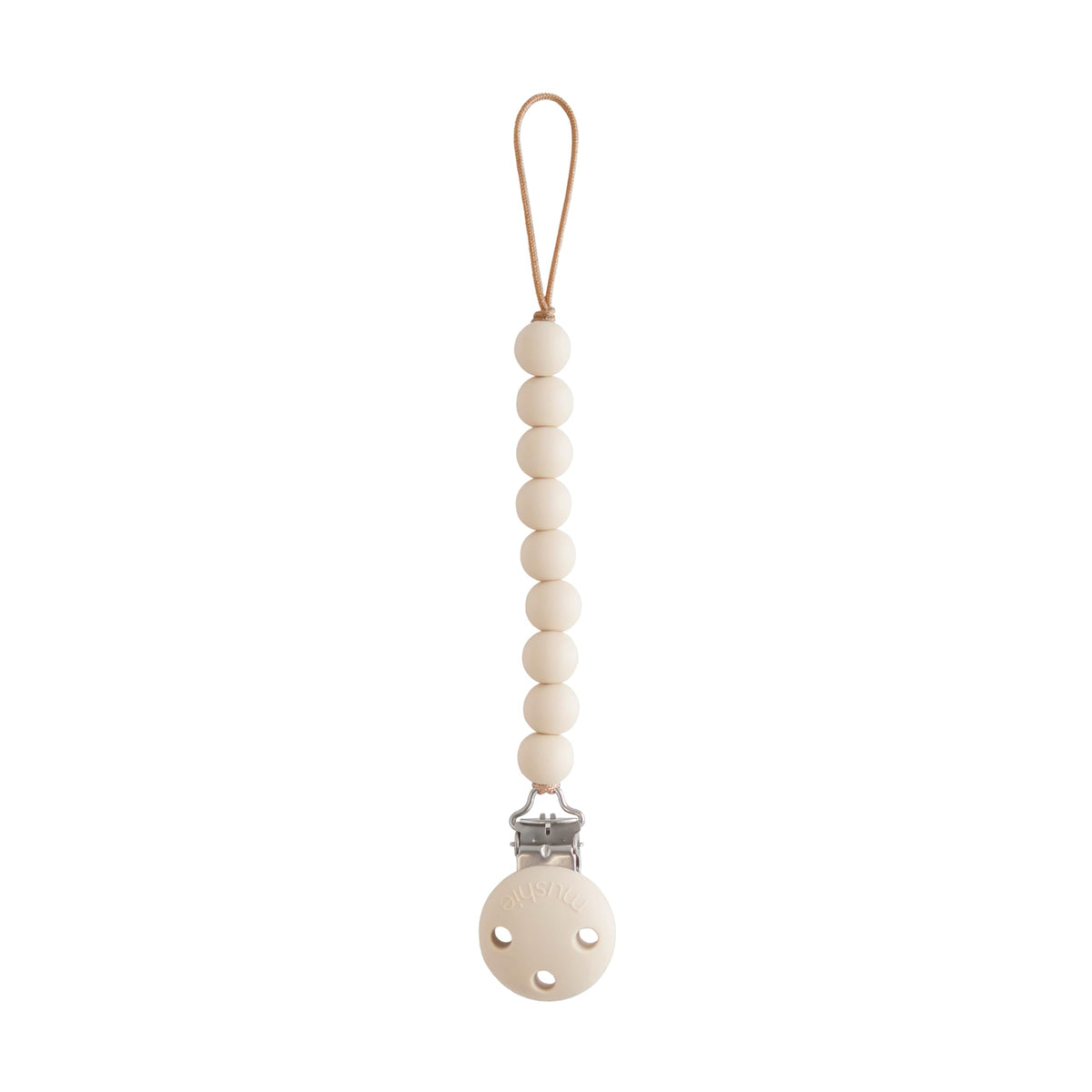 Mushie Hera pacifier clip shifting sand closeup shows safe silicone beads for soothing on the go.