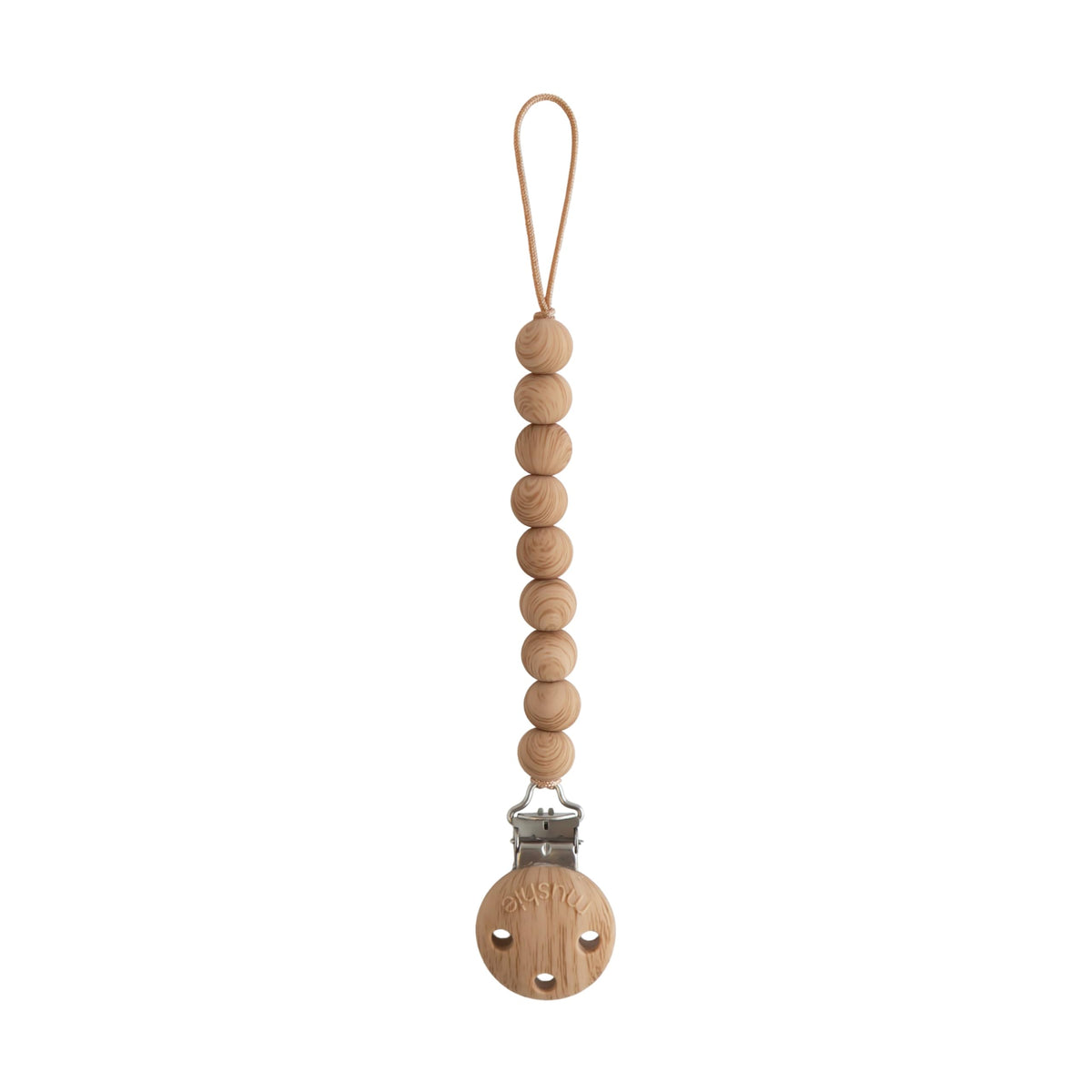 Mushie Hera pacifier clip with soft-color silicone beads for on-the-go use.