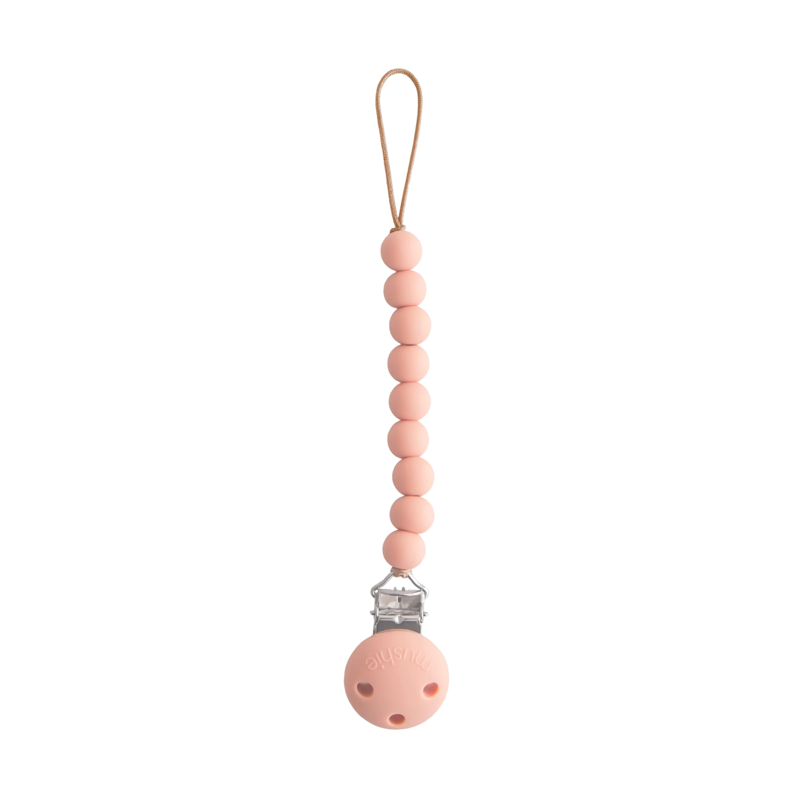 Mushie Hera pacifier clip powder pink silicone clasp screw-free safety.