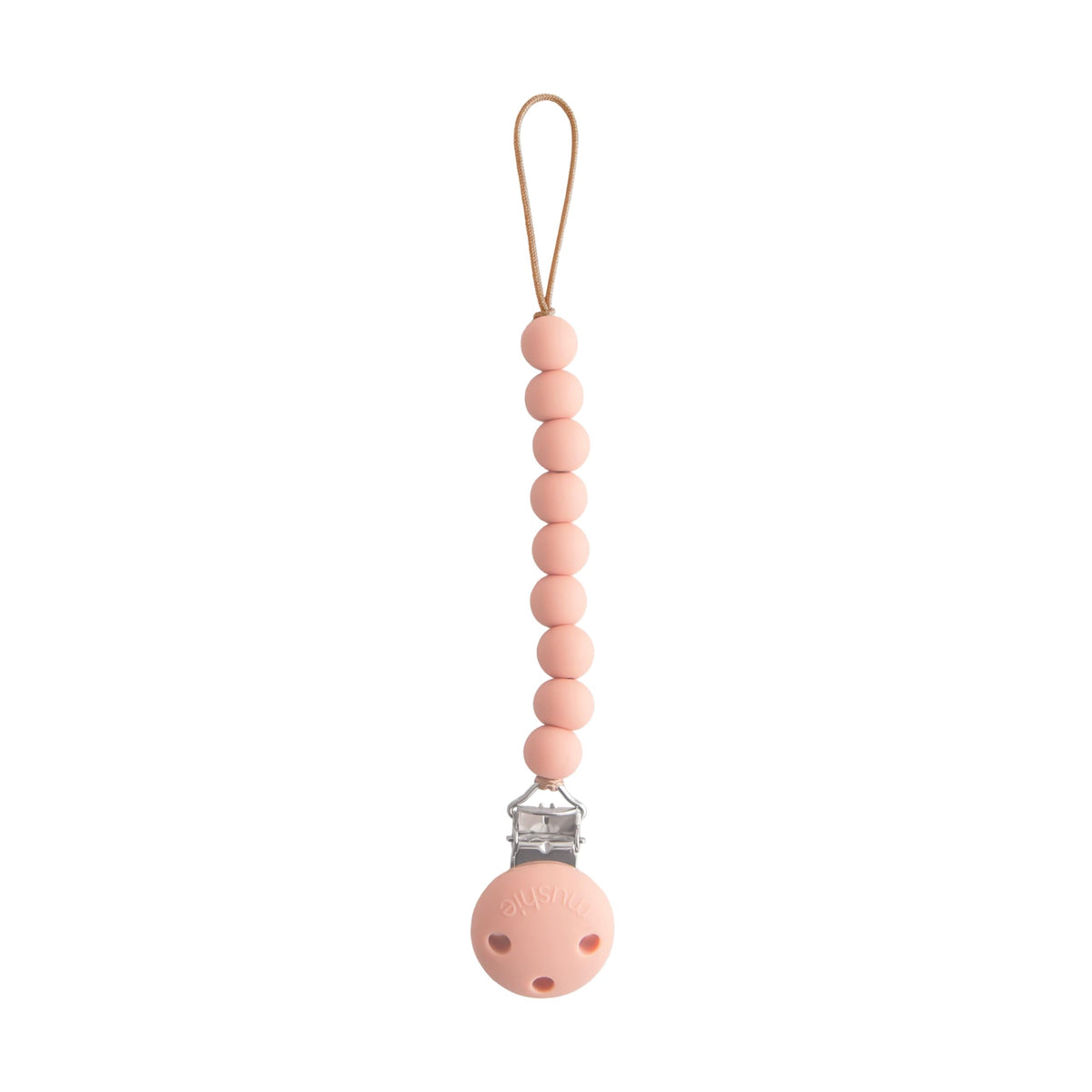 Mushie Hera pacifier clip powder pink silicone clasp screw-free safety.