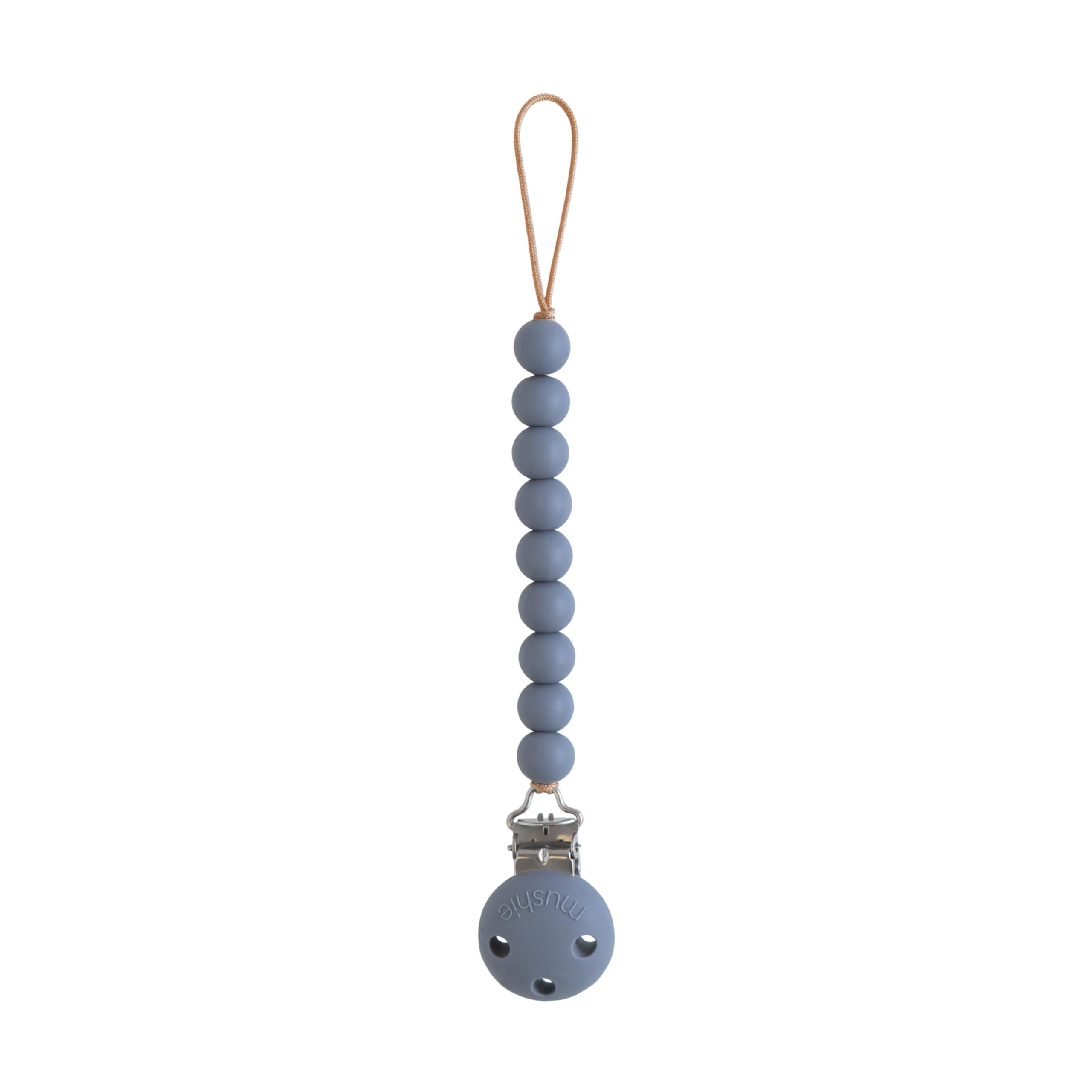 Mushie Hera pacifier clip features a silicone clip for secure on-the-go attachment
