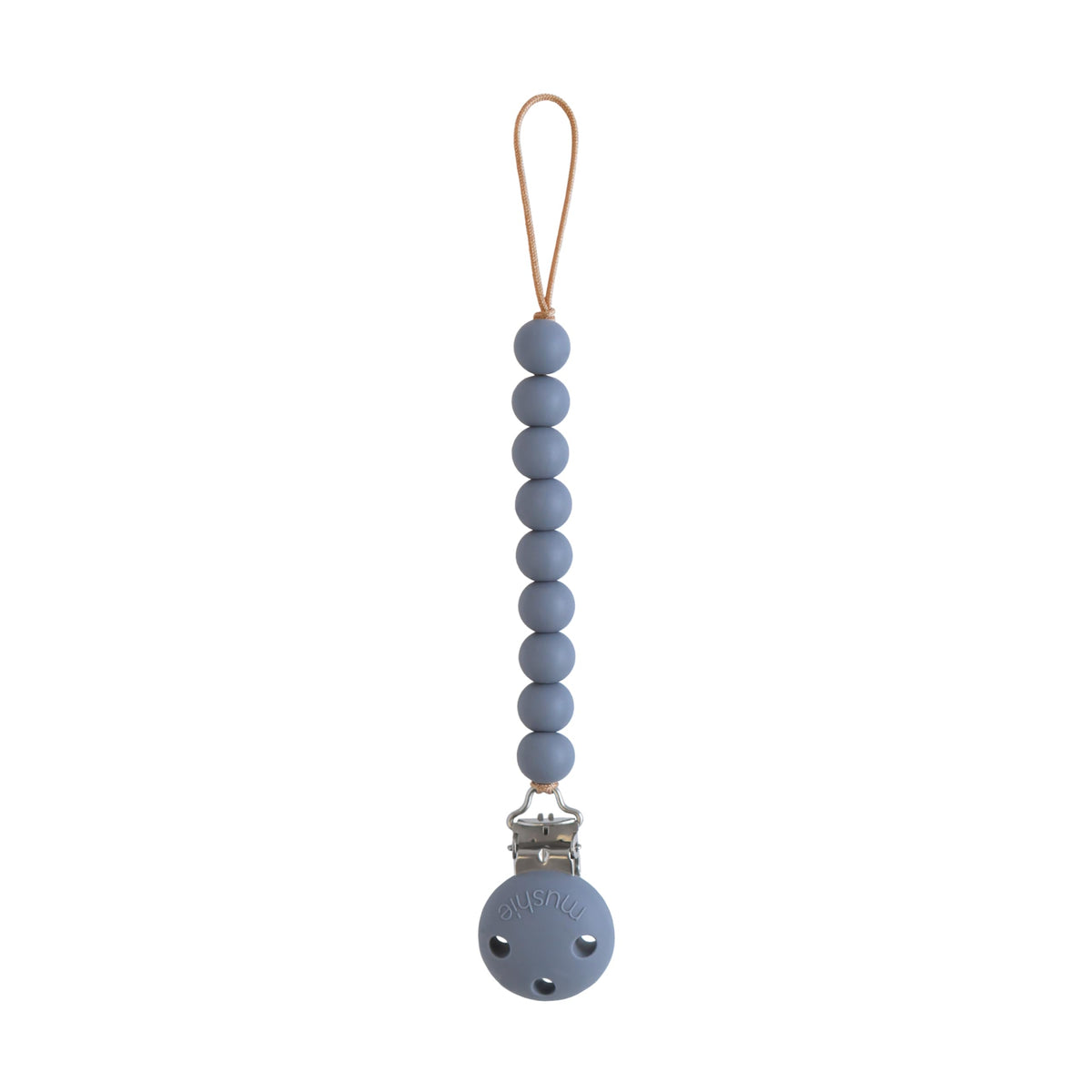 Mushie Hera pacifier clip features a silicone clip for secure on-the-go attachment
