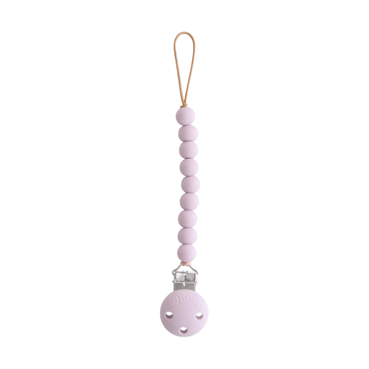 Mushie Hera pacifier clip soft lilac close-up showing secure on-the-go attachment