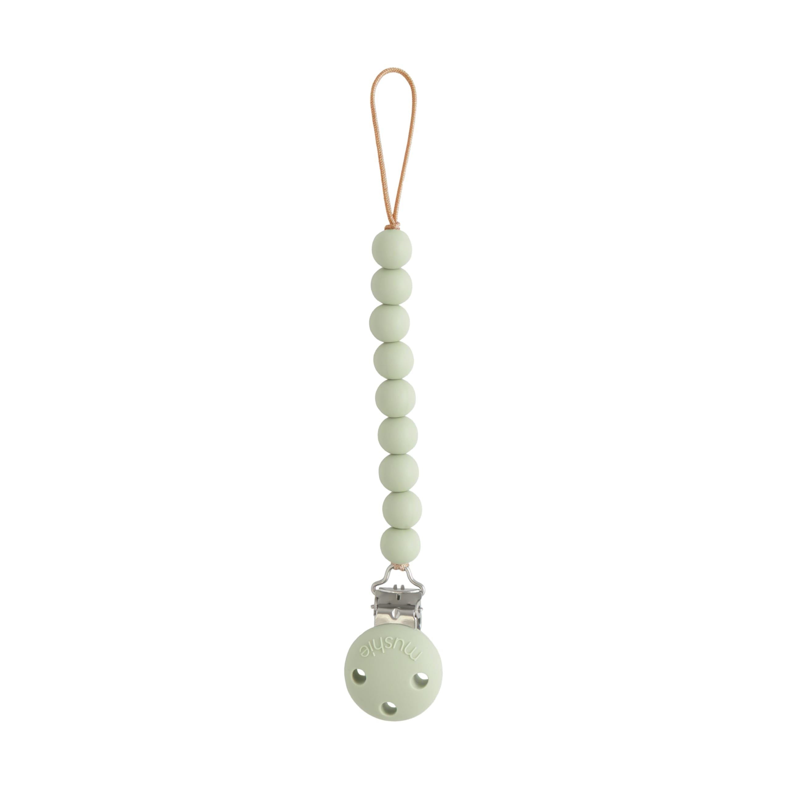 Mushie Hera Sage pacifier clip closeup shows silicone beads and screw-free clasp.