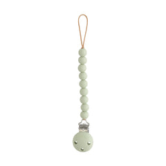Mushie Hera Sage pacifier clip closeup shows silicone beads and screw-free clasp.
