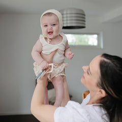 Mushie Key Toy uses non-toxic plastic safe for teething gums.