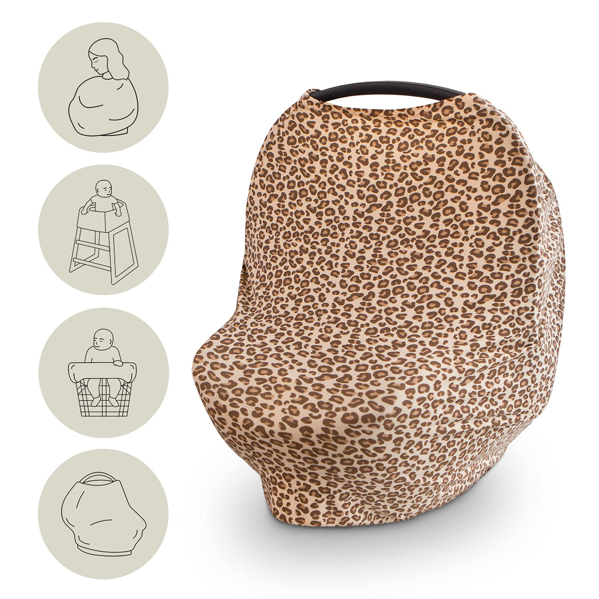 Mushie leopard car seat canopy cover shields baby while nursing on the go.