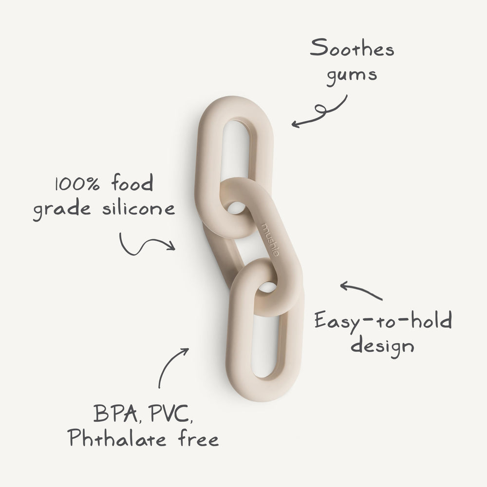 Mushie Links Teether in Dried Thyme side profile supports easy grasping for tiny hands.
