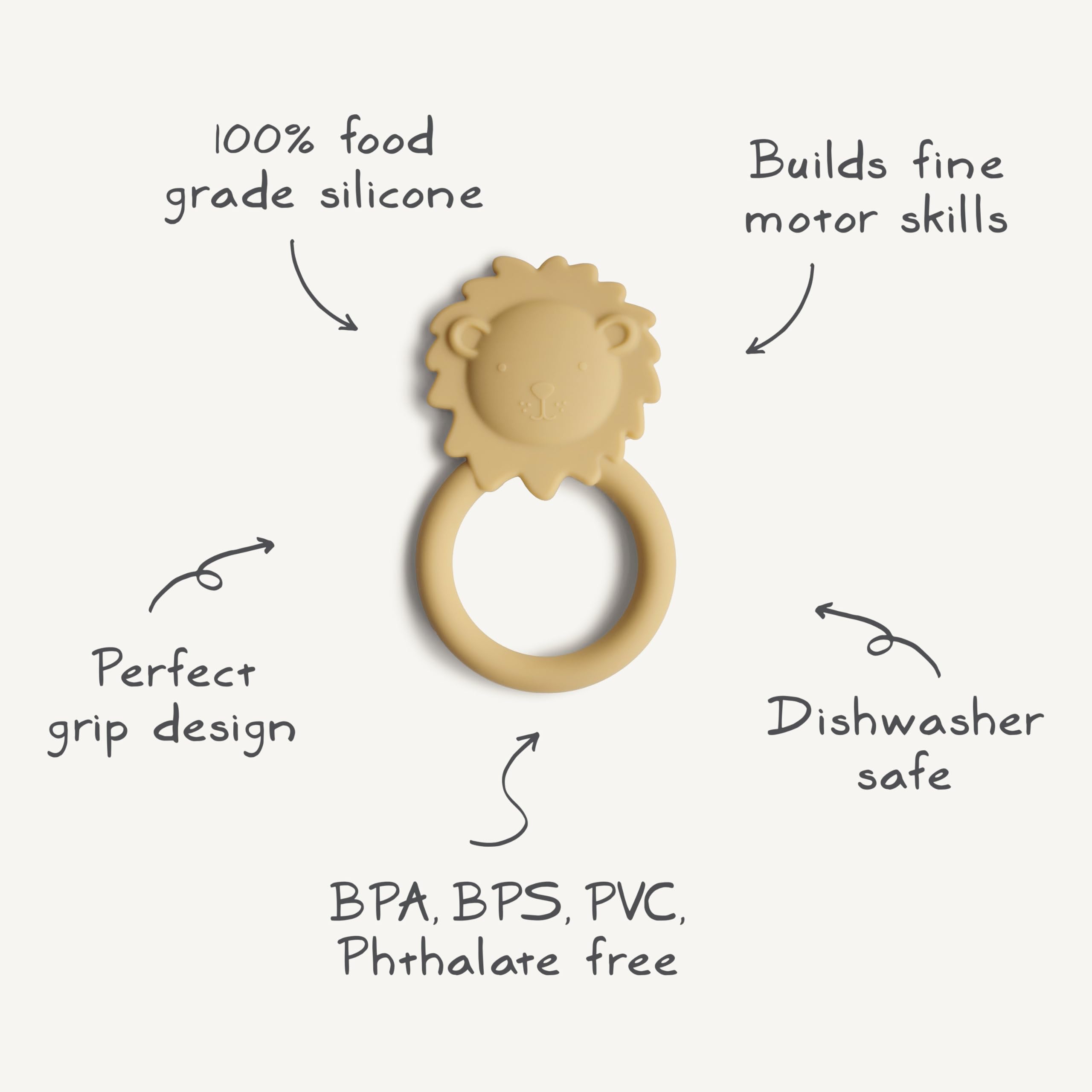 Mushie Lion teether packaging; includes clear labeling for caregivers