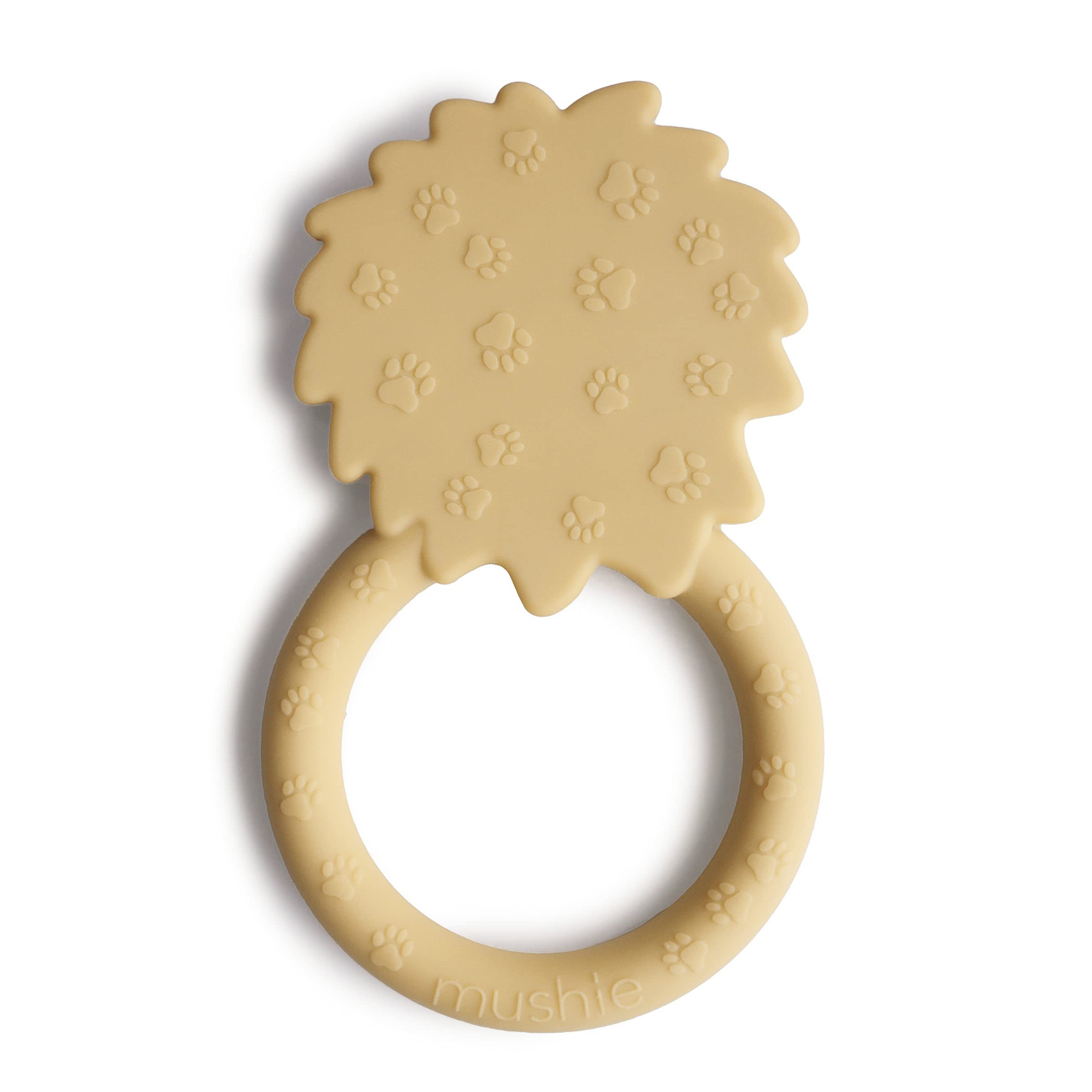 Mushie Lion teether texture closeup; tactile surfaces aid sensory exploration
