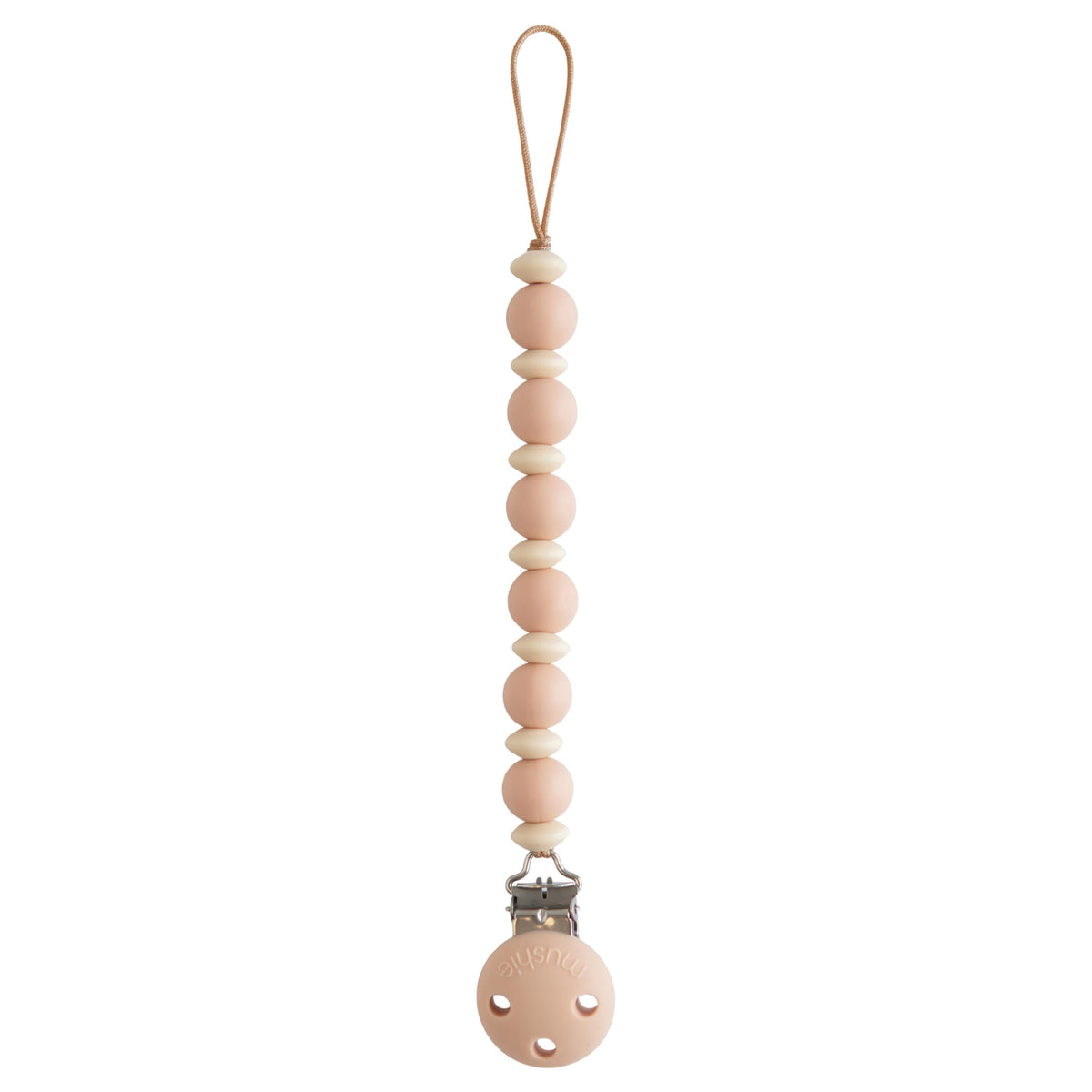 Mushie Luna blush beads close-up showing stylish, durable silicone design for pacifier security