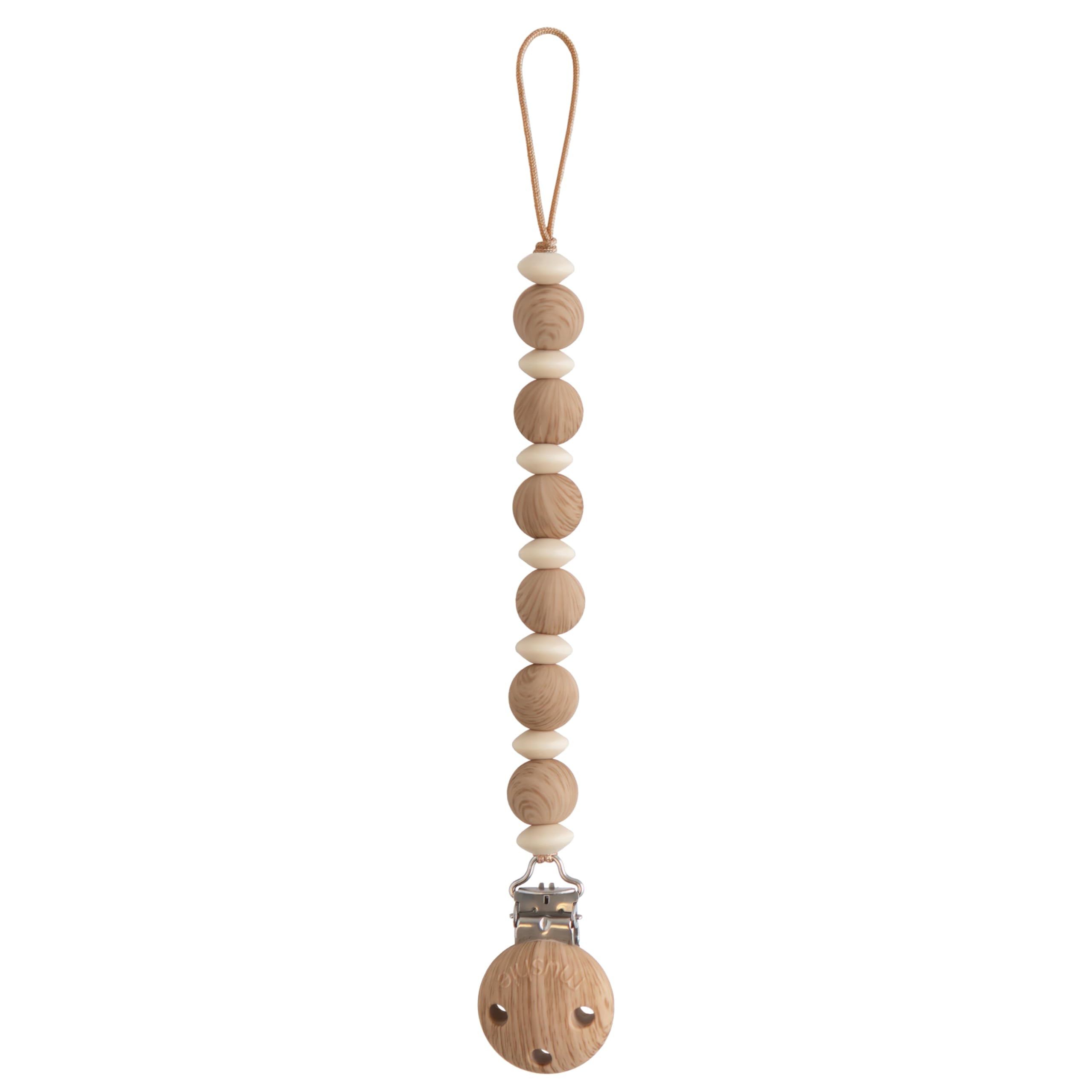 Mushie Luna silicone beads closeup shows safe, durable pacifier clip beads.
