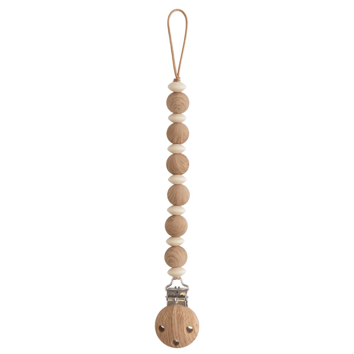 Mushie Luna silicone beads closeup shows safe, durable pacifier clip beads.