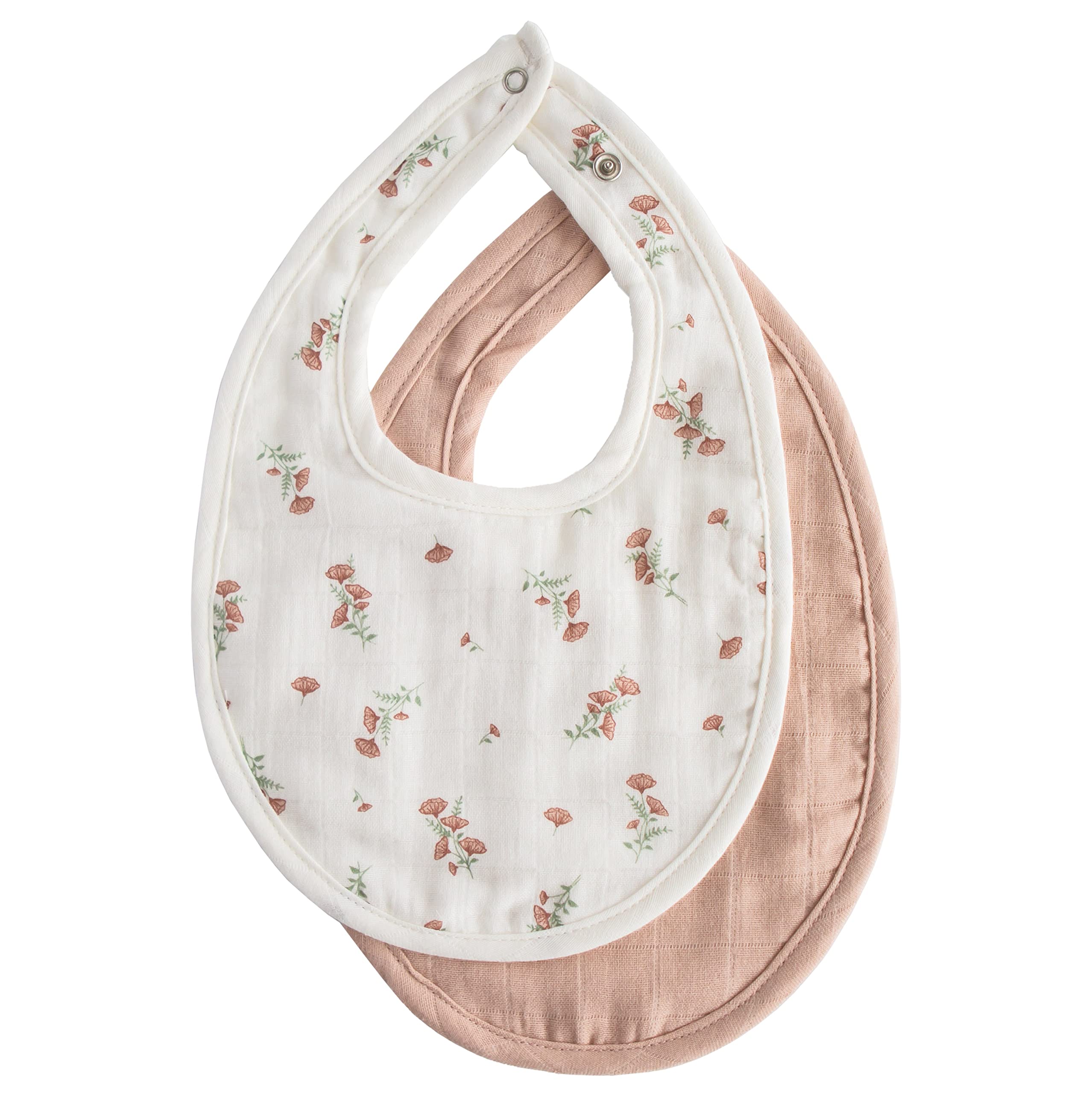 Mushie muslin bib adjustable-closure keeps baby secure during meals and drool.