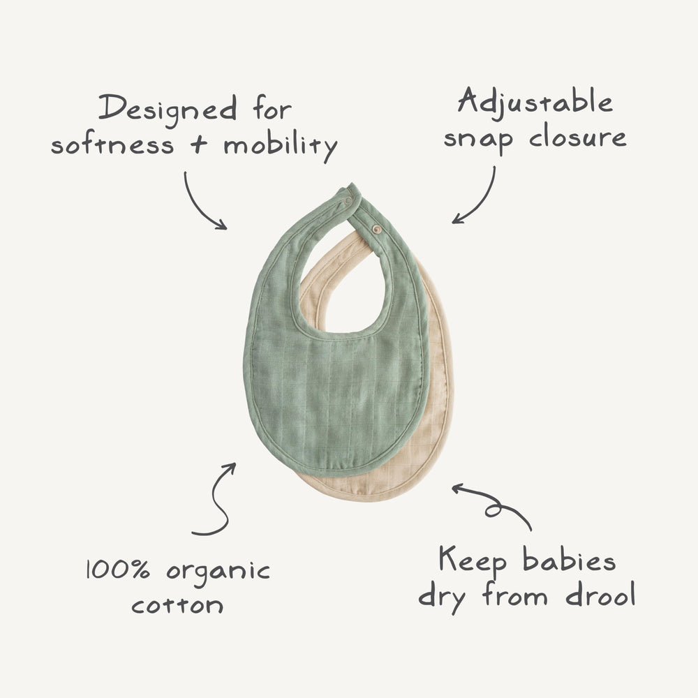 Mushie bib helps catch dribbles during meals and teething moments.