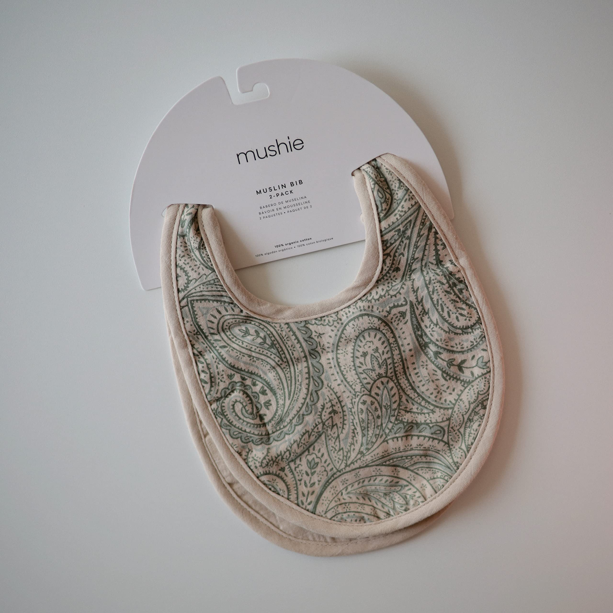 Mushie Muslin Bib fog color back view shows soft cotton