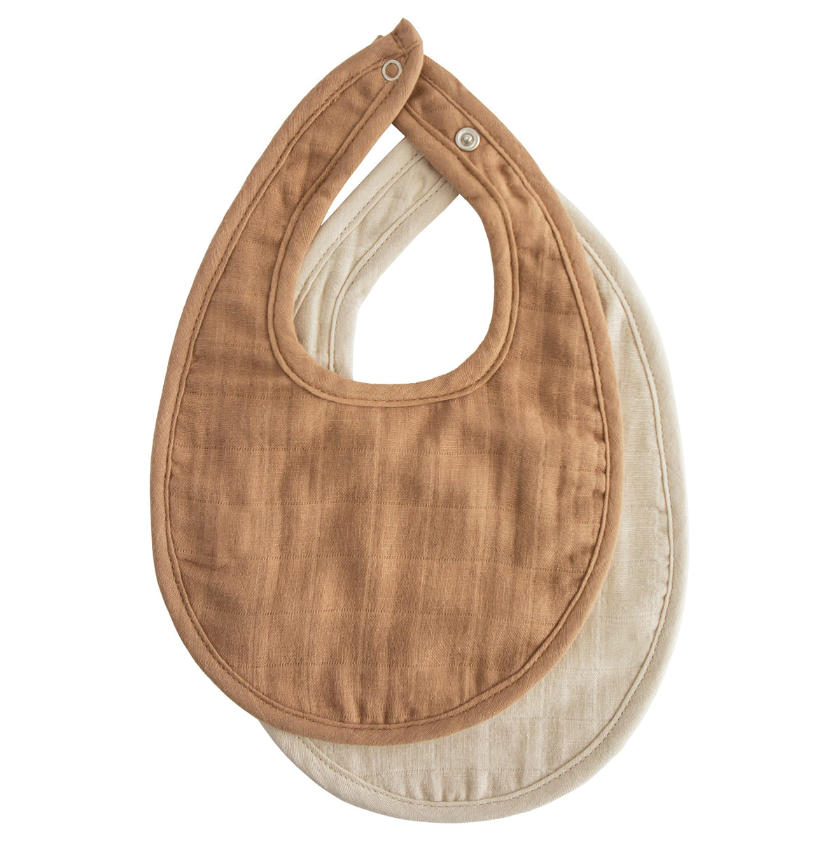 mushie muslin bib soft organic cotton closeup in tan and fog for gentle drool
