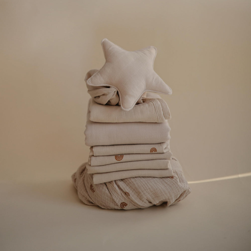 Mushie Muslin Cloth Fog washing-care shows cold delicate wash instructions for easy care