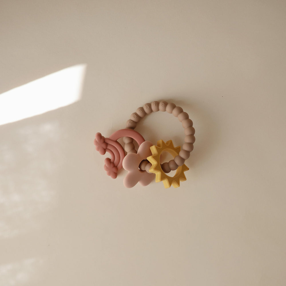 Mushie Nature Teething Ring leaf surface closeup emphasizes sensory textures