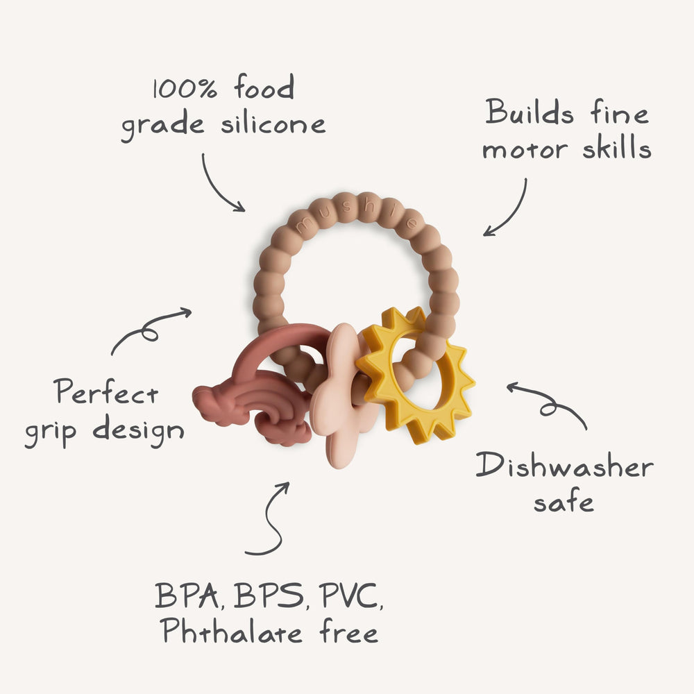 Mushie Nature Teething Ring packaging view demonstrates ready-to-gift presentation