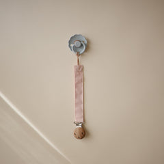 Mushie linen pacifier clip faux-wood silicone clasp secures pacifier safely